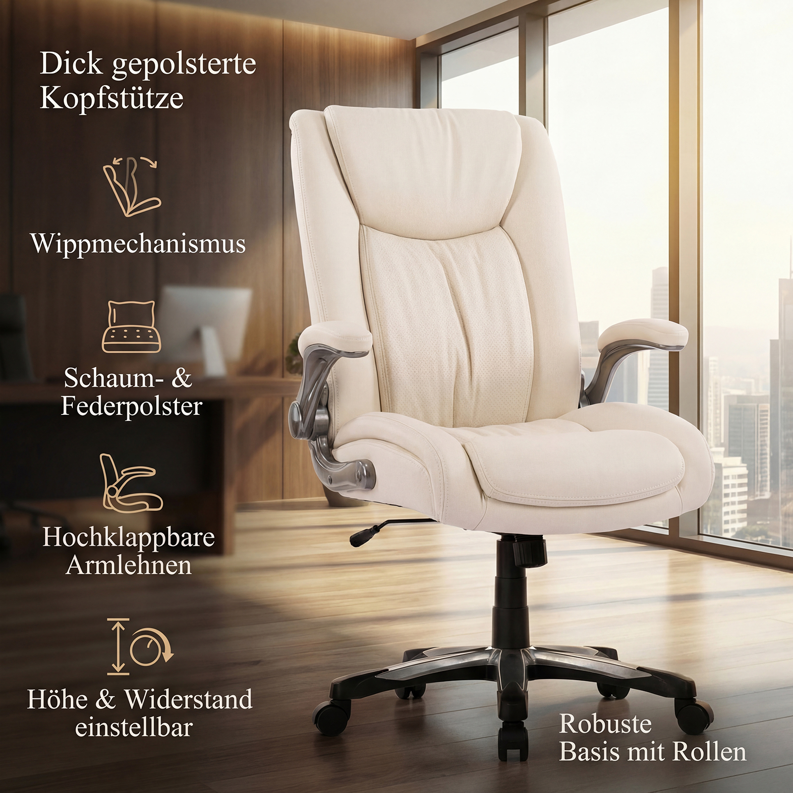 Una silla de oficina color crema con reposacabezas acolchado, reposabrazos y ruedas.