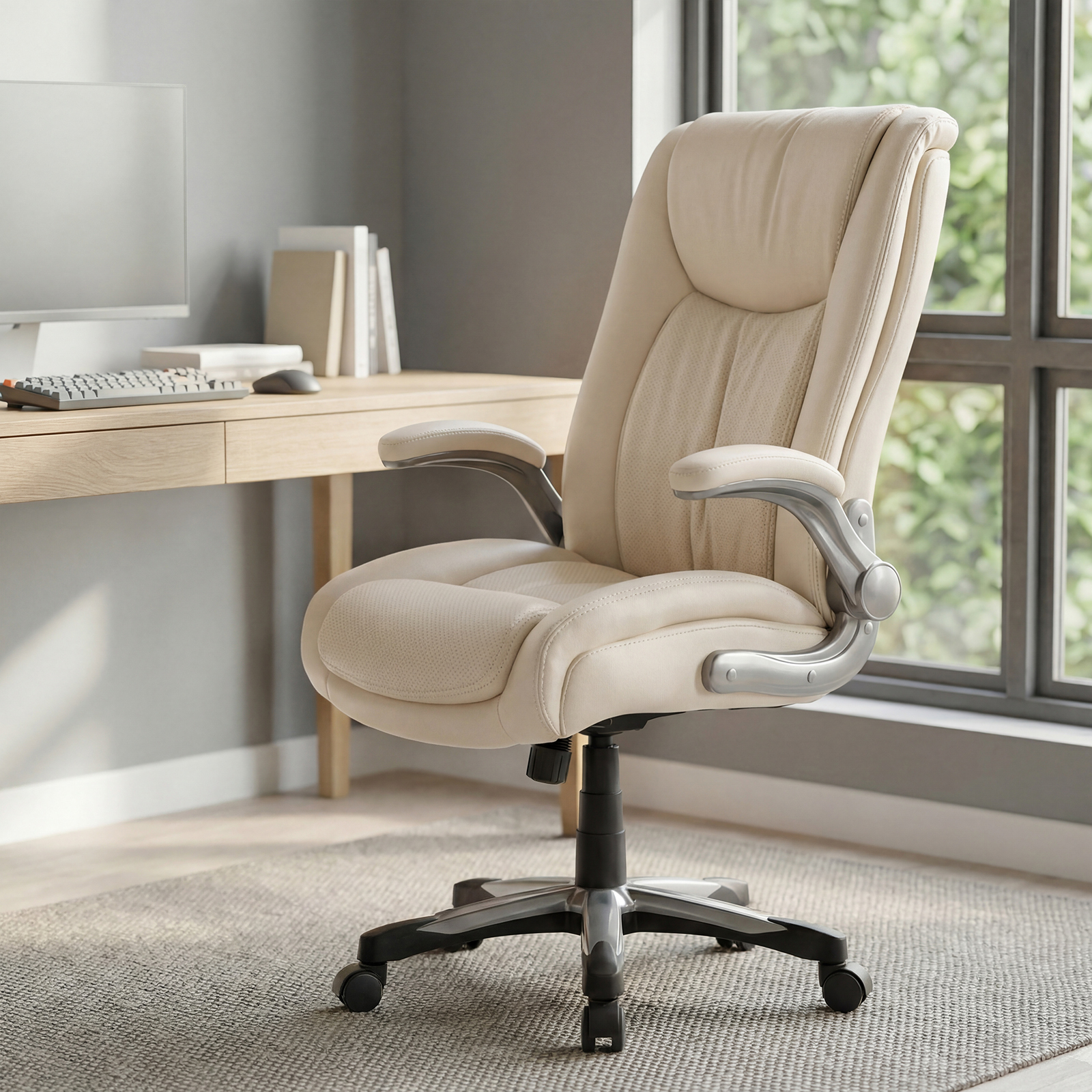 Una silla de oficina de cuero color crema con detalles plateados está junto a un escritorio de madera con una computadora.
