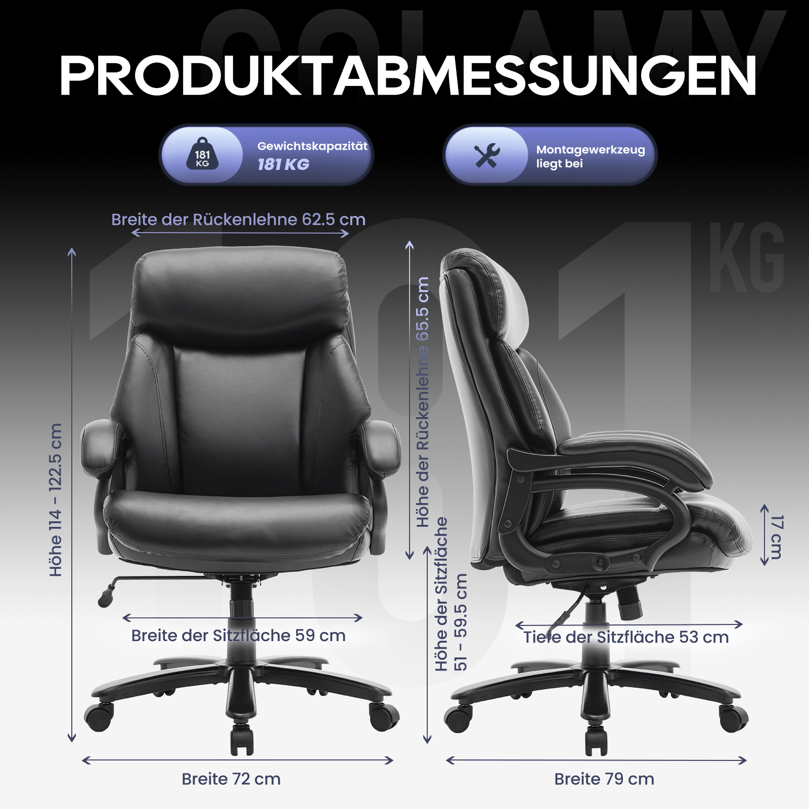 Dimensiones de una silla de oficina negra: Ancho 72cm, Alto 114-122.5cm.
