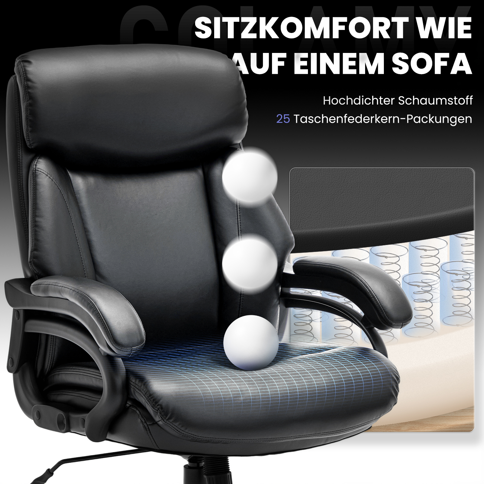 Silla de oficina de cuero negro con bolas blancas que ilustran comodidad y resortes.