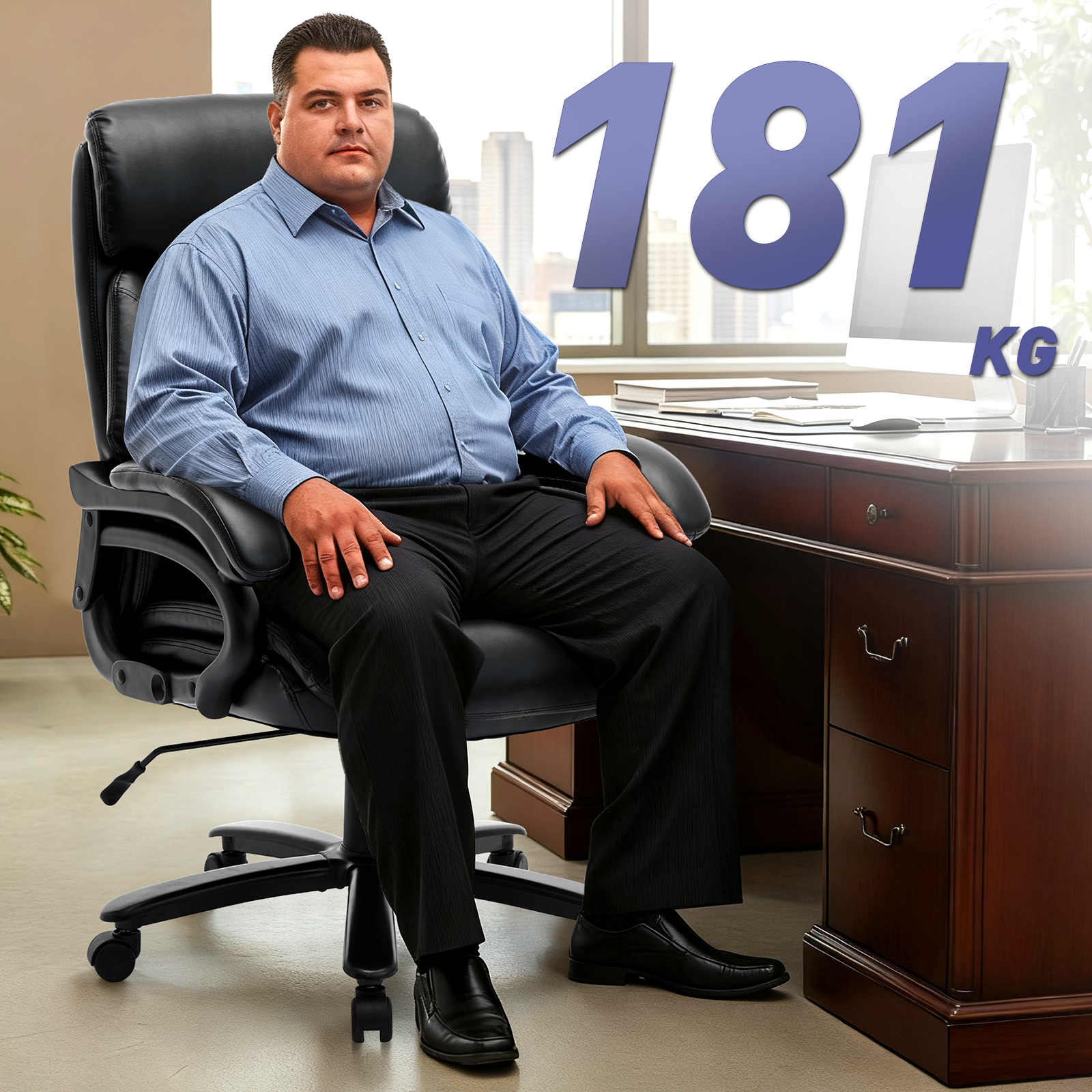Un hombre se sienta en una silla de oficina frente a un escritorio con una computadora. El número 181 KG es visible.