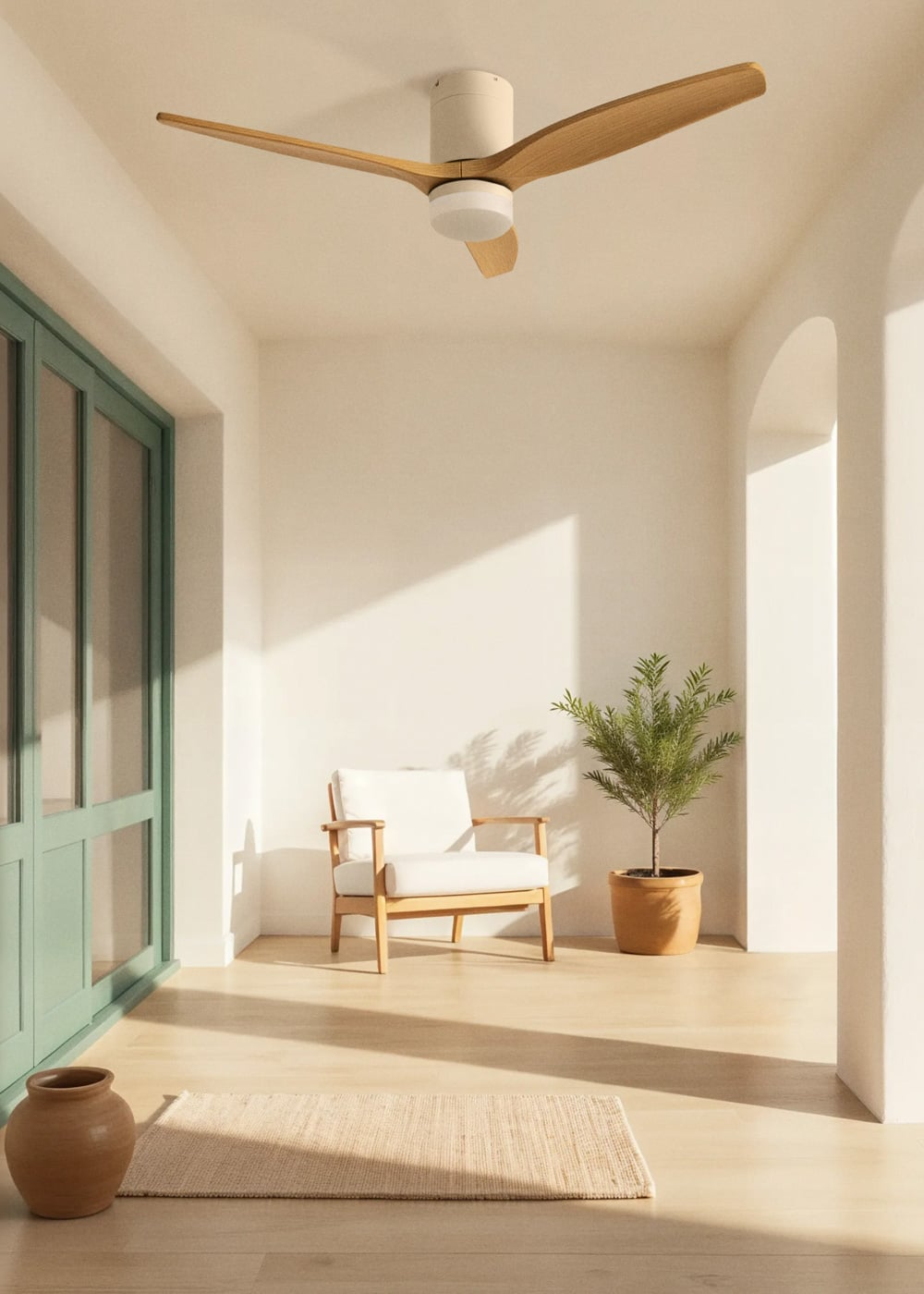 Un sillón blanco con detalles de madera junto a una planta en maceta.