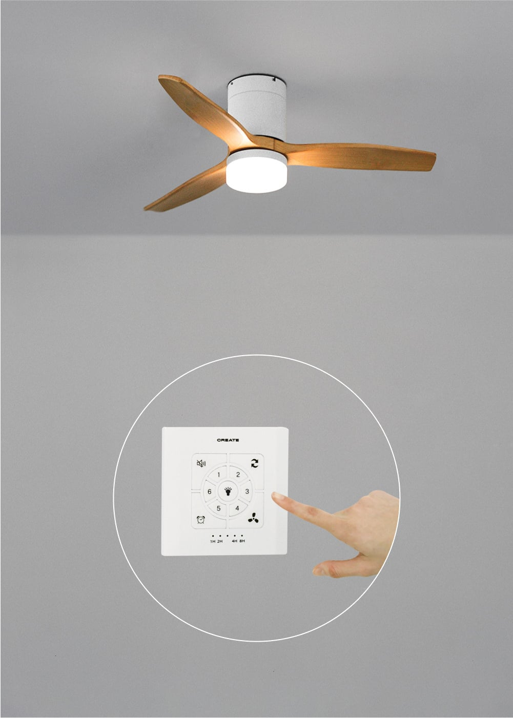 Ventilador de techo con aspas de madera y luz, panel de control con botones.