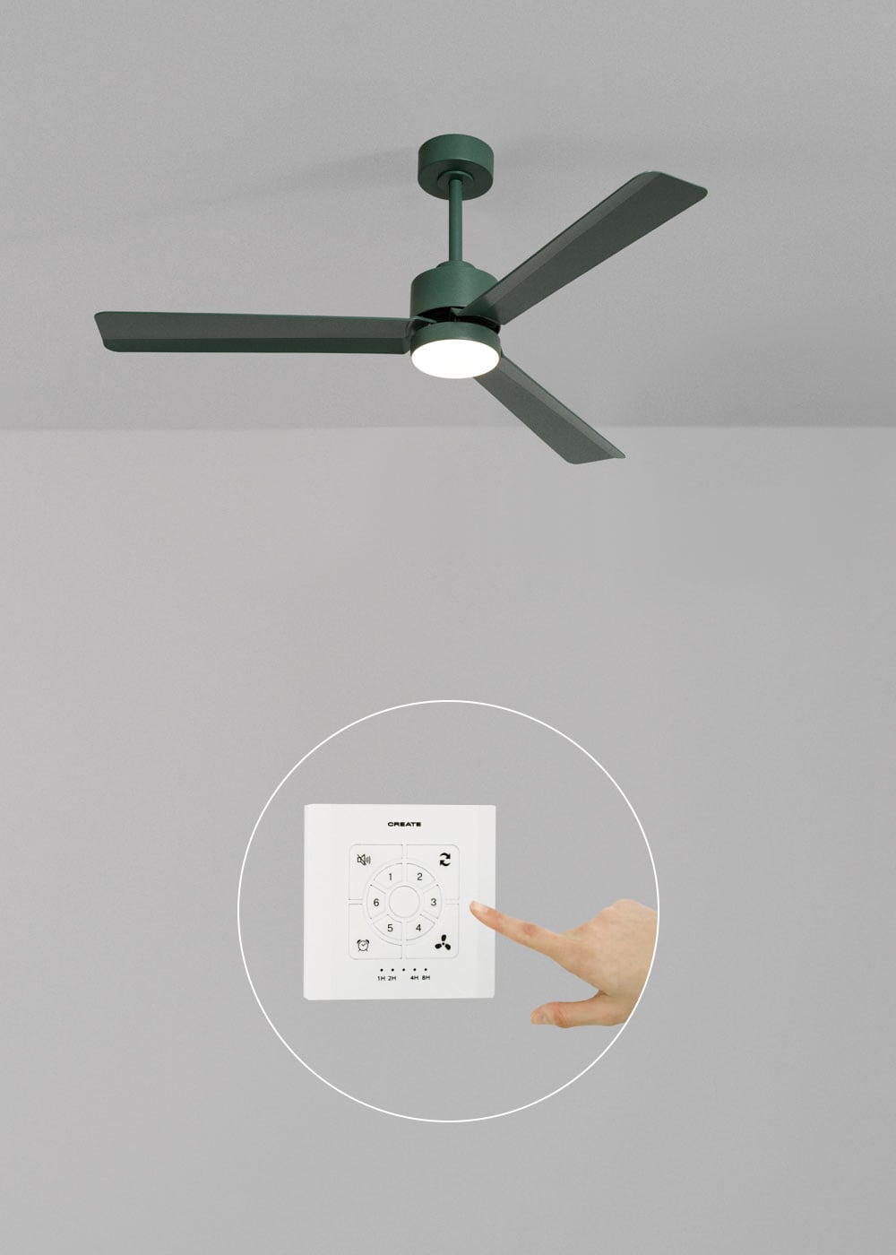 Un ventilador de techo verde con luz y una mano operando un mando a distancia.
