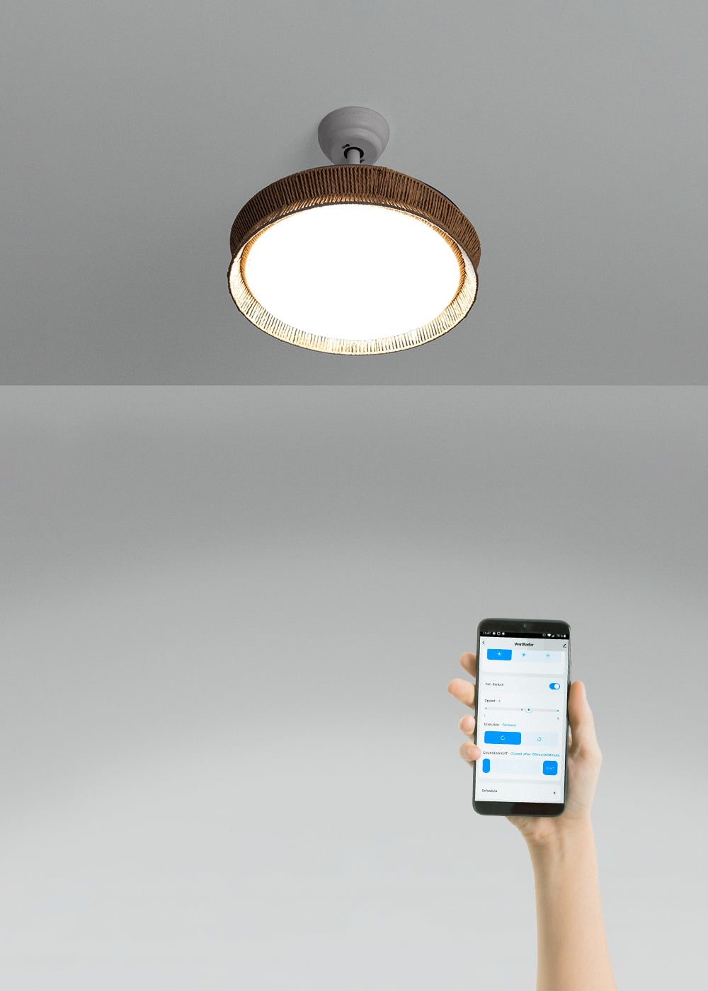 Luz de techo con borde de cuerda marrón y un smartphone para controlar.