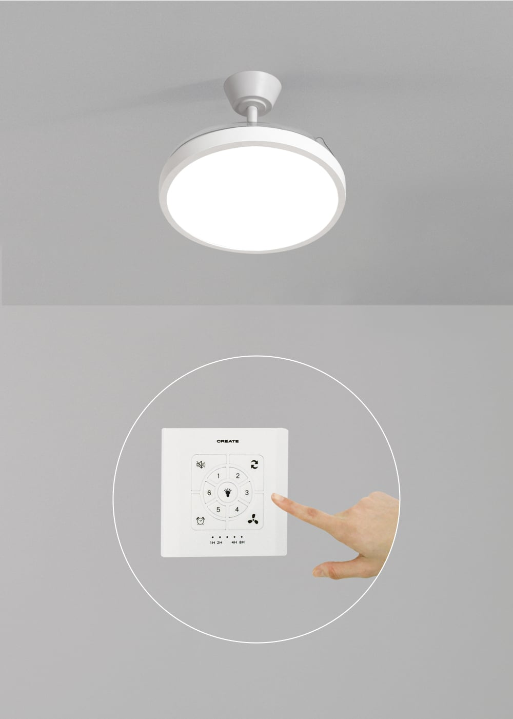 Una luz de techo blanca con ventilador y una mano operando un control remoto.