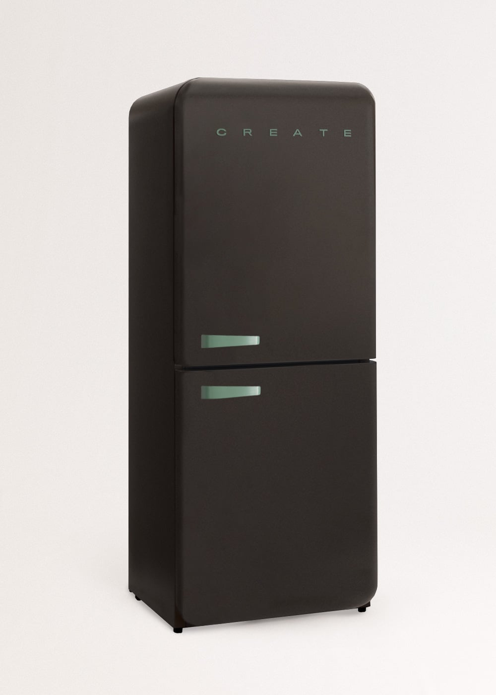 Un refrigerador marrón chocolate con la palabra CREATE en letras verdes.
