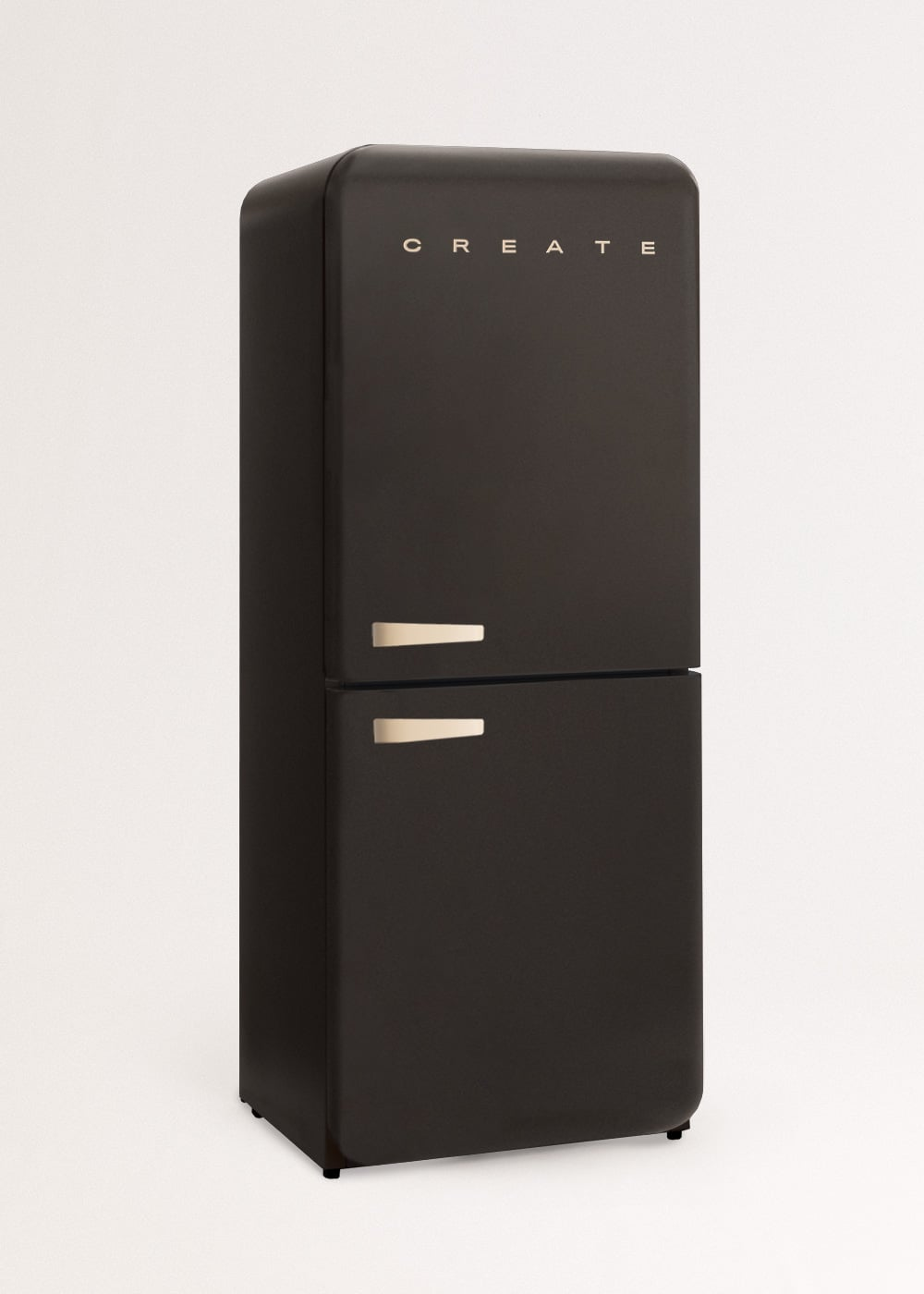 Un refrigerador negro con la palabra CREATE arriba.