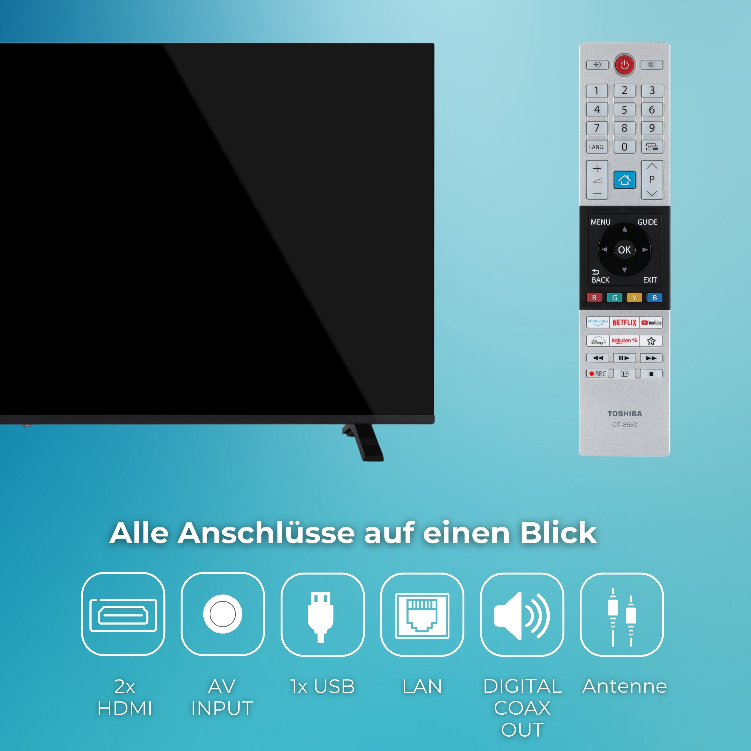 Ein Toshiba Fernseher mit Fernbedienung und Anschlussübersicht.