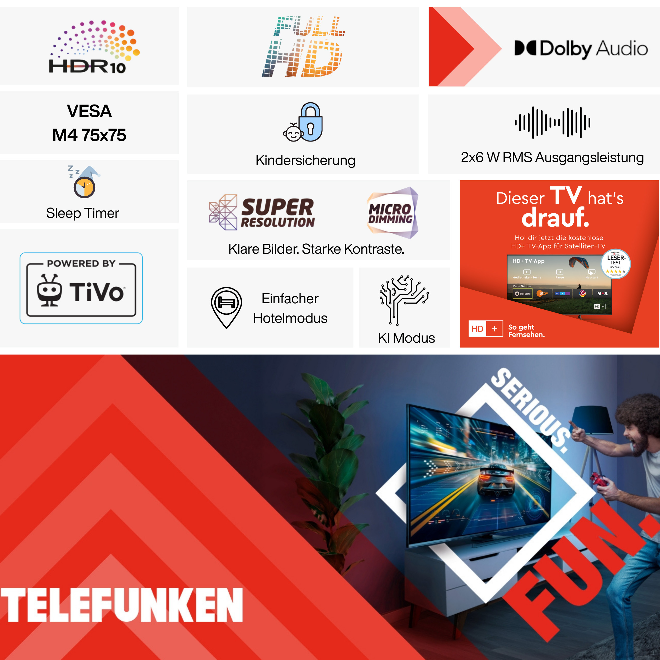 Telefunken TV mit HDR10, Full HD, Dolby Audio und Sleep Timer.