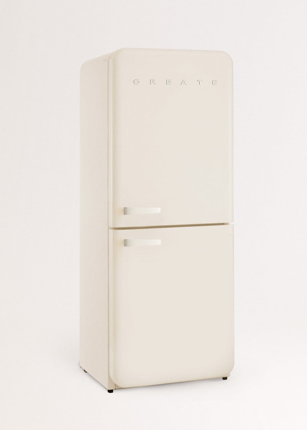 Un refrigerador color crema de dos puertas con tiradores plateados. Arriba pone 'CREATE'.