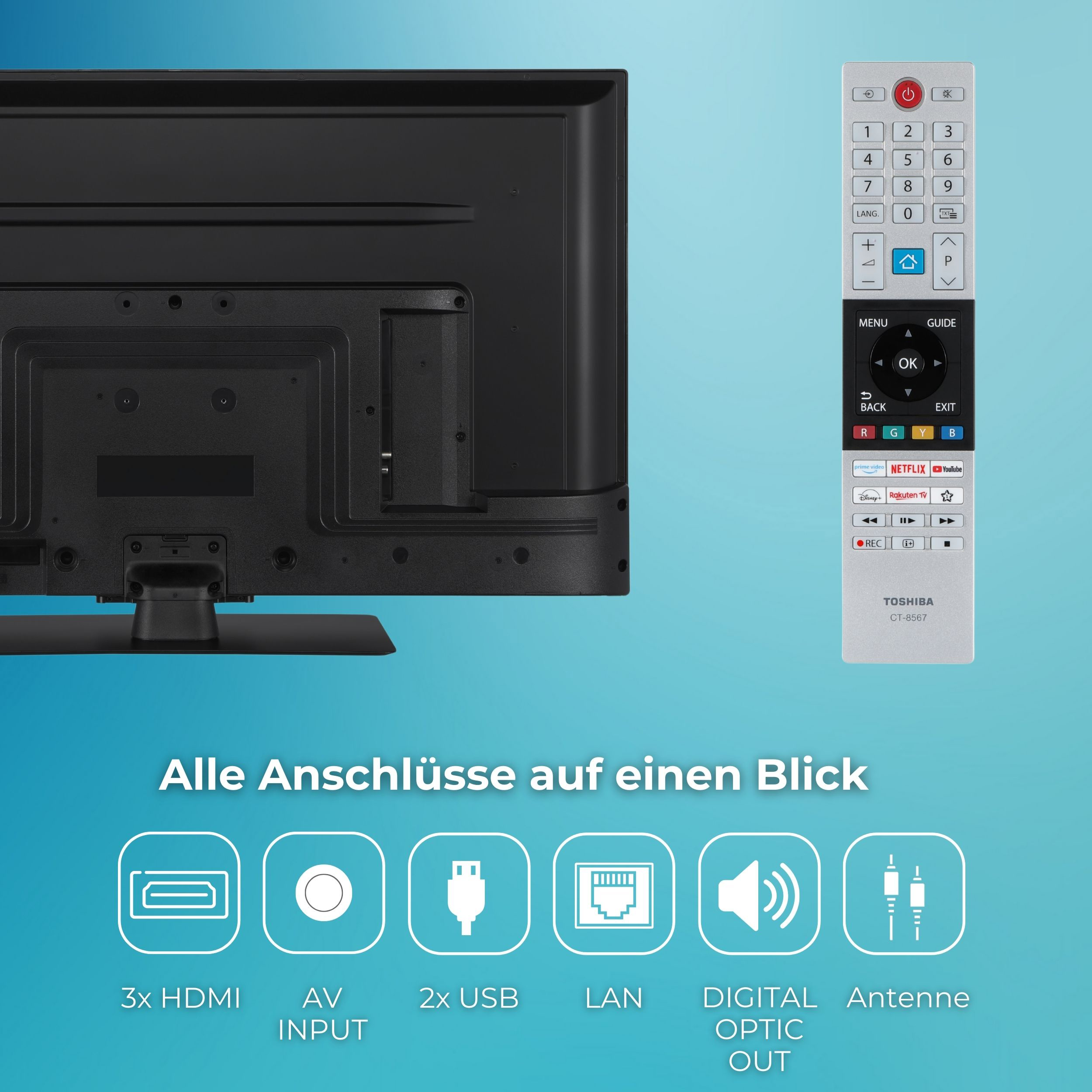 Rückseite eines Fernsehers mit Anschlüssen und Fernbedienung.