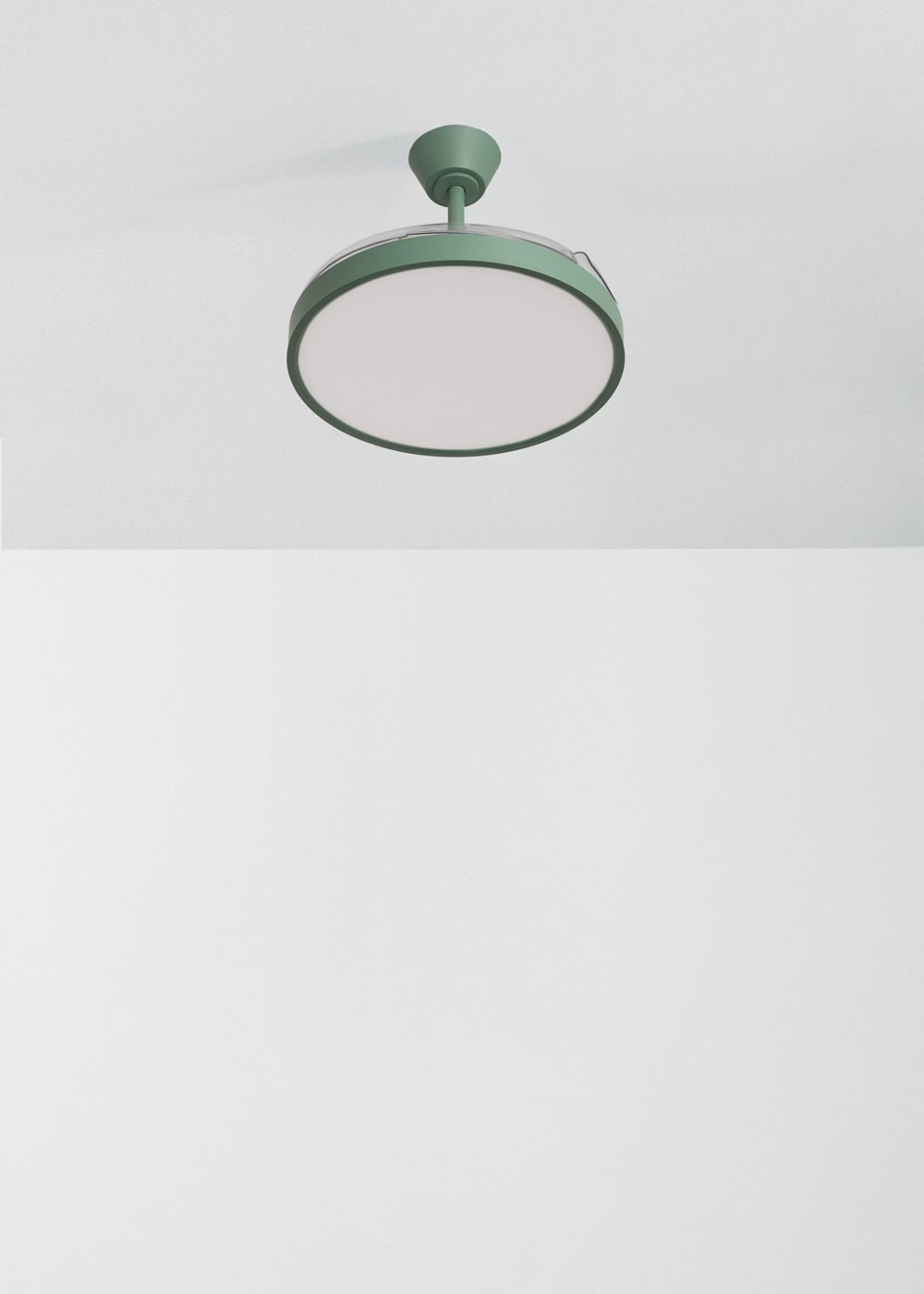 Ventilador de techo verde con luz LED integrada, montado en techo blanco.