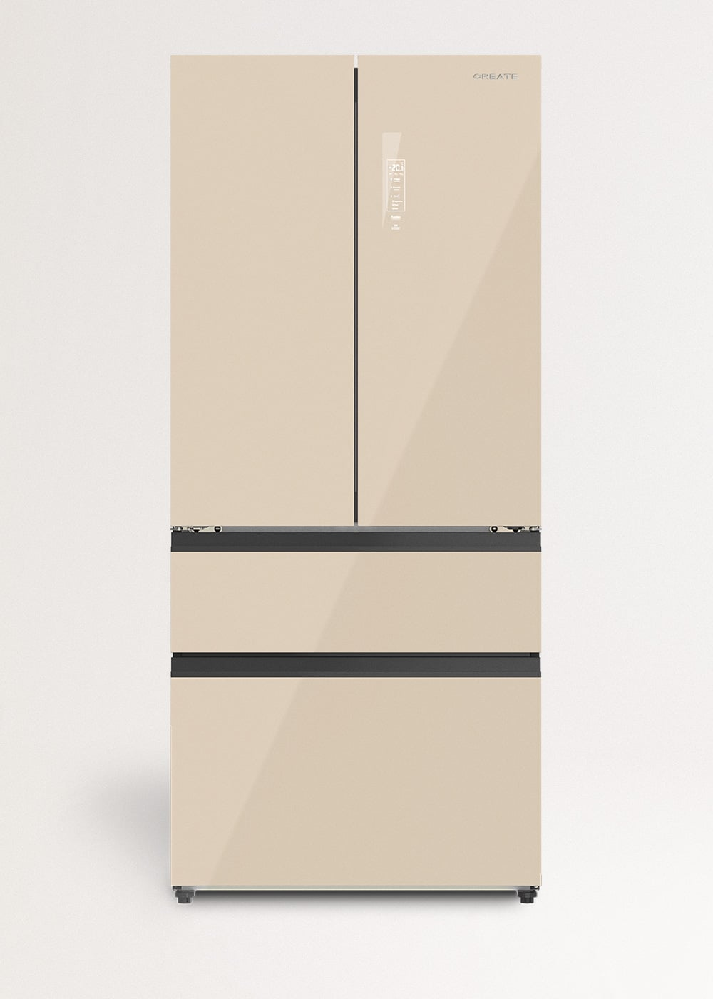 Refrigerador beige de tres puertas con panel de pantalla digital.