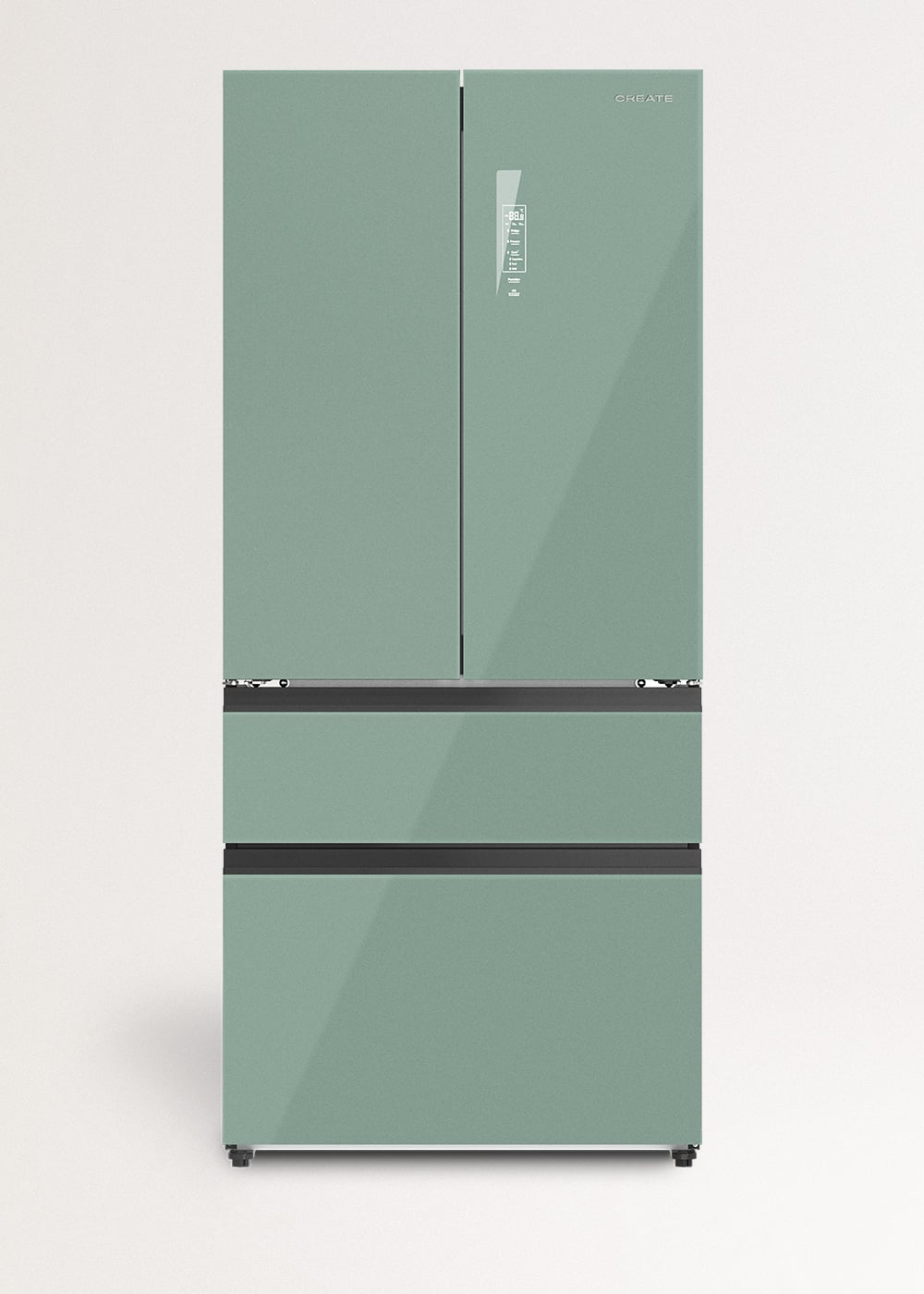 Un refrigerador verde claro de cuatro puertas con pantalla digital.