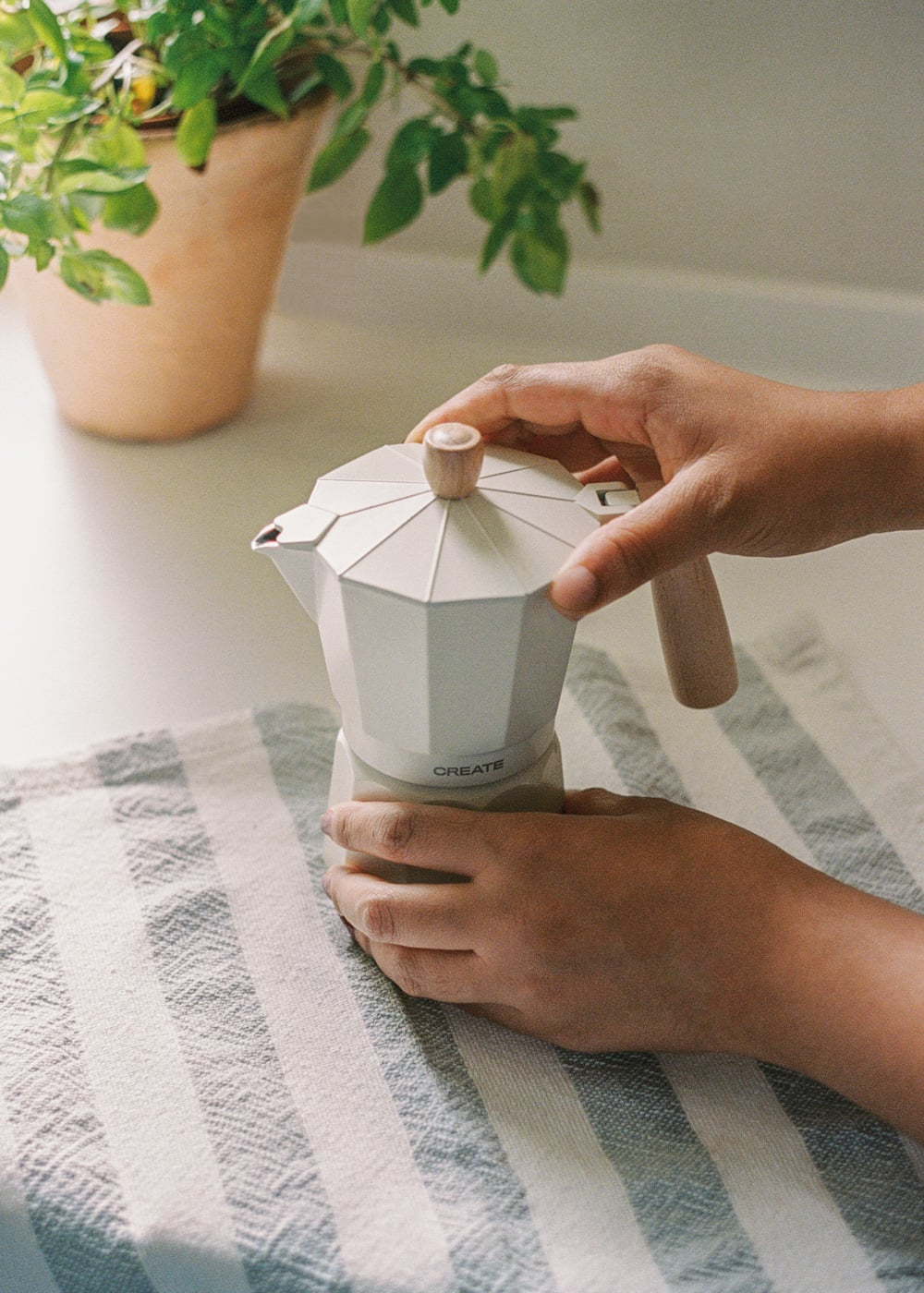 Manos sostienen una cafetera moka blanca con mango de madera sobre tela a rayas. Planta al fondo.