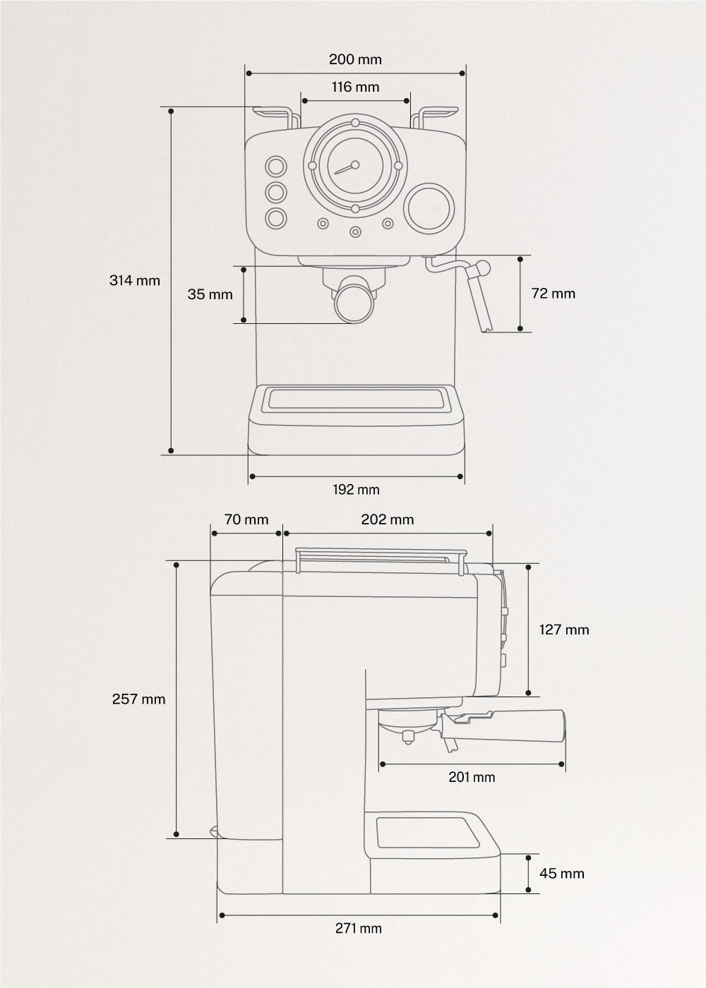 Dibujo técnico de una cafetera con dimensiones.