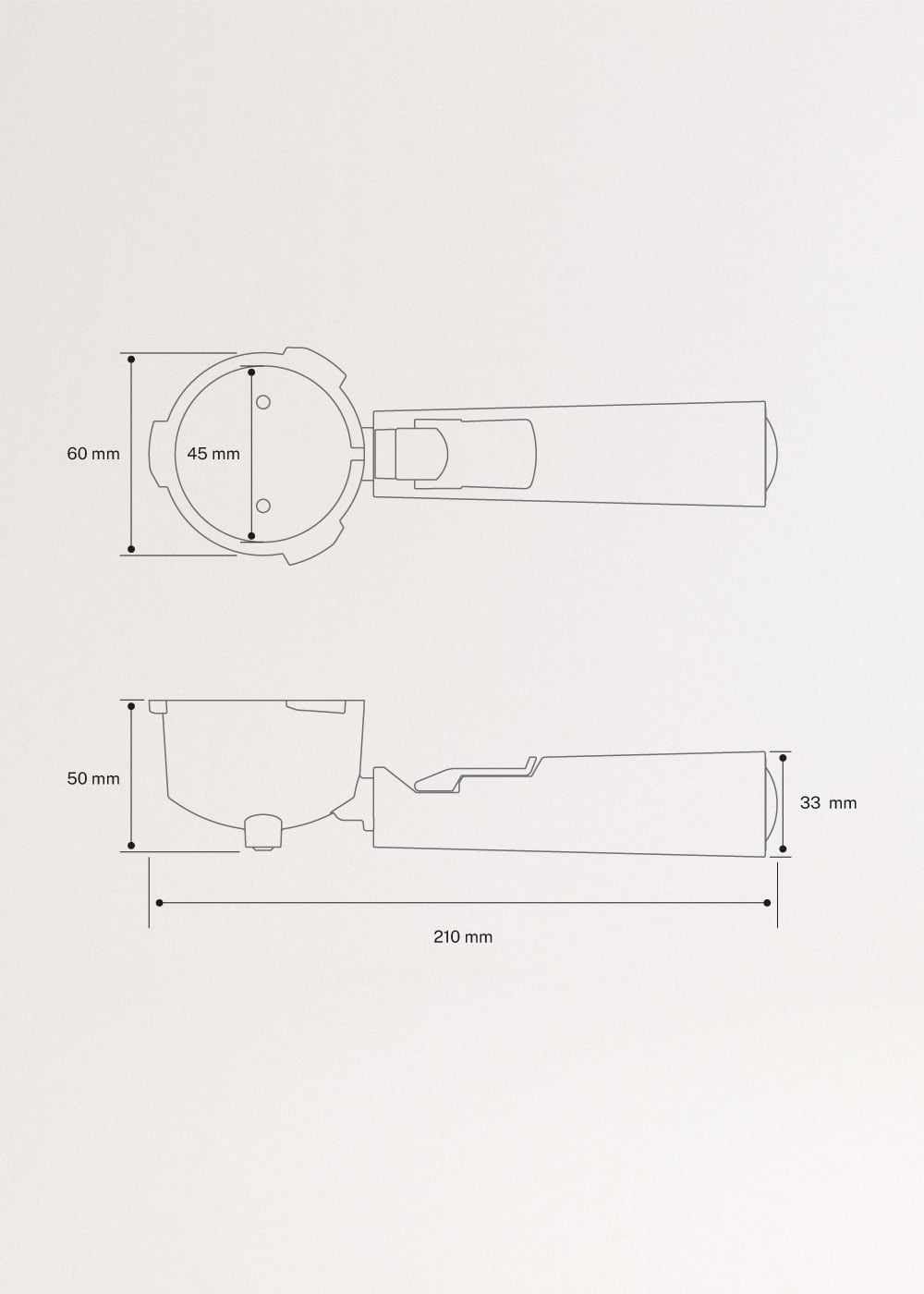 Un dibujo técnico de un portafiltro de cafetera con dimensiones.