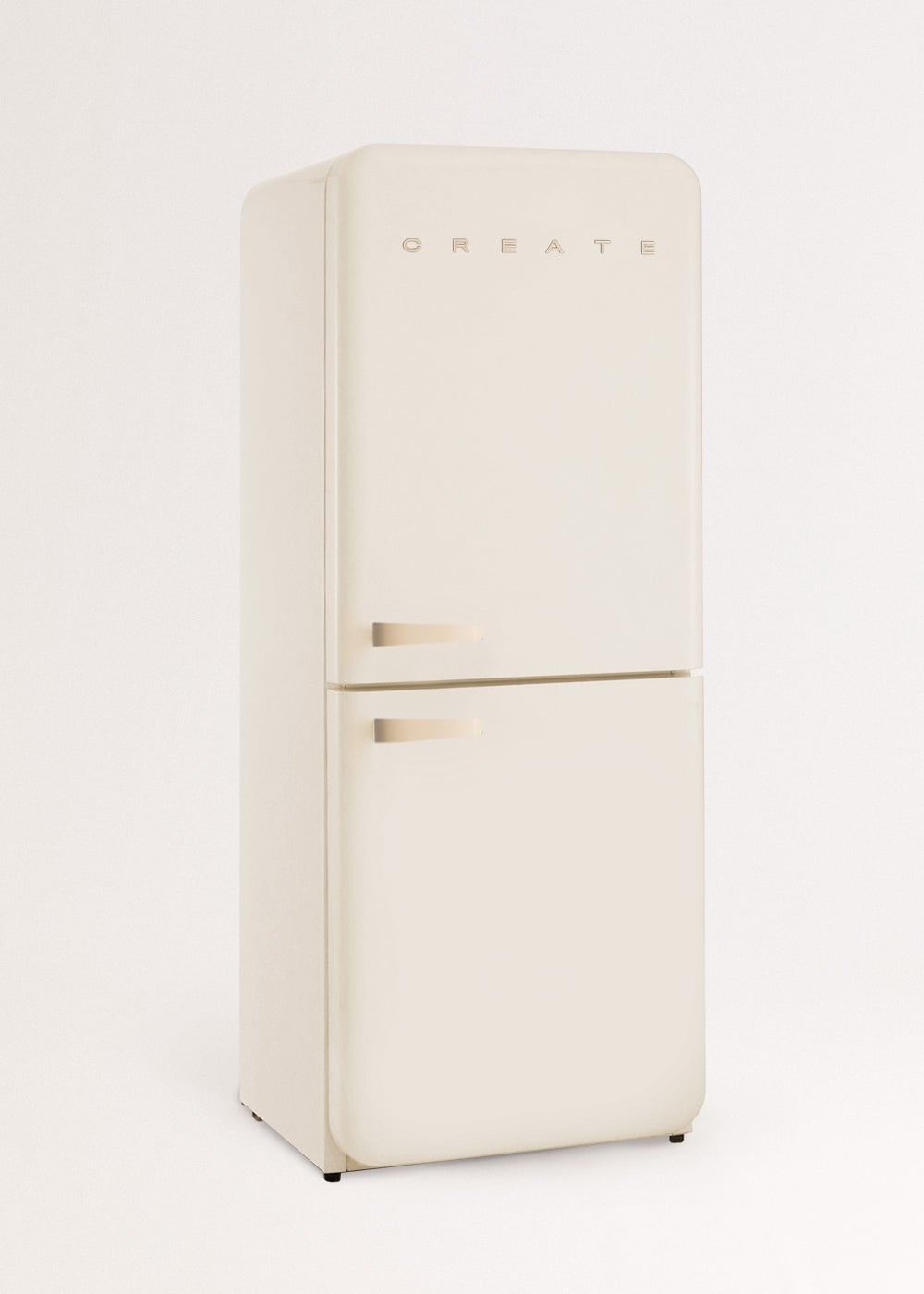 Un refrigerador color crema de dos puertas con la palabra CREATE.