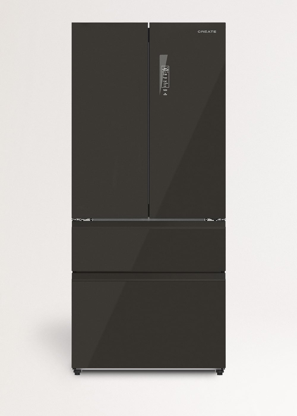 Un refrigerador negro de tres puertas con pantalla digital.