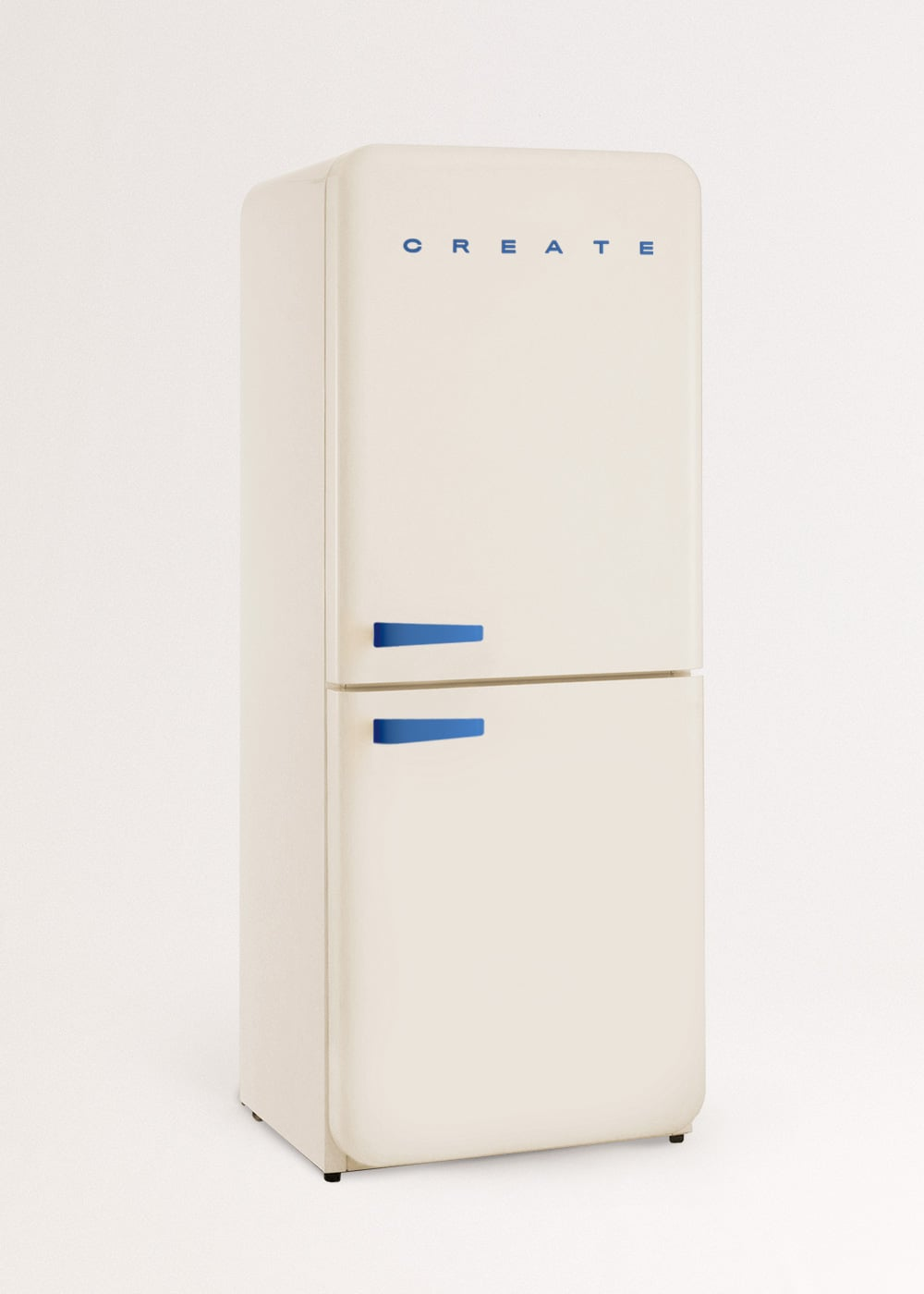 Un refrigerador color crema con tiradores azules y la palabra "CREATE".