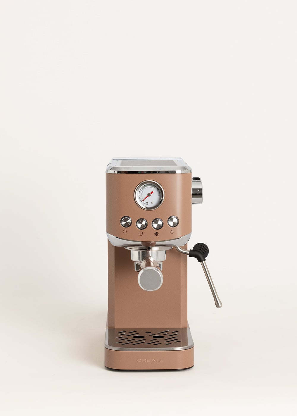 Una máquina de espresso color cobre con manómetro y botones.