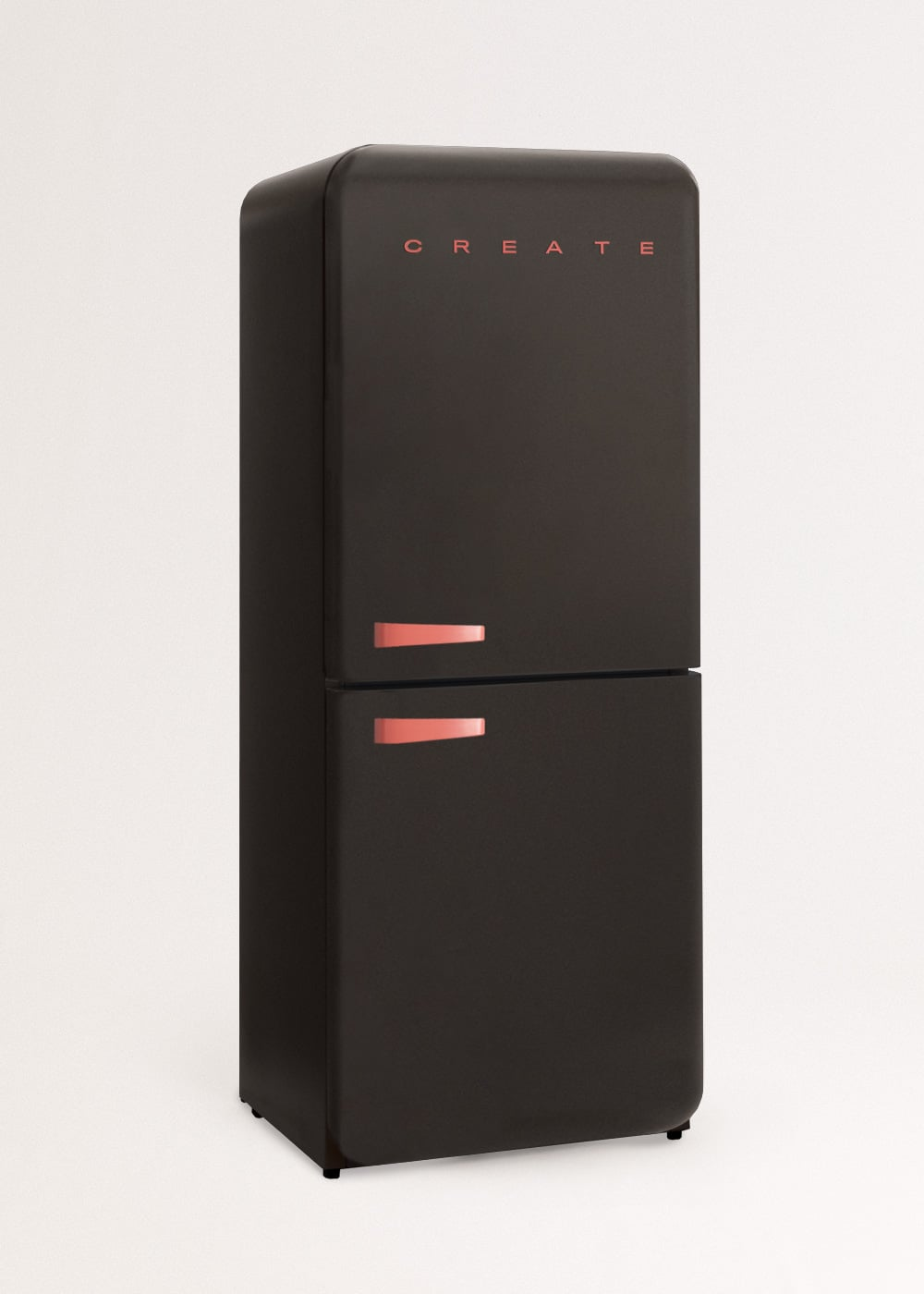 Un refrigerador negro con asas rojas y la palabra CREATE.