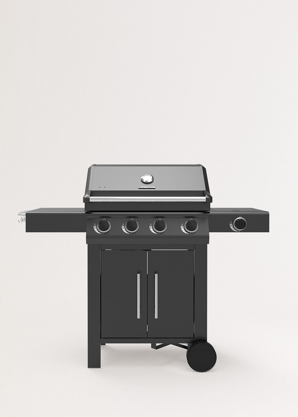 Una parrilla de gas negra con cuatro perillas y dos estantes laterales.
