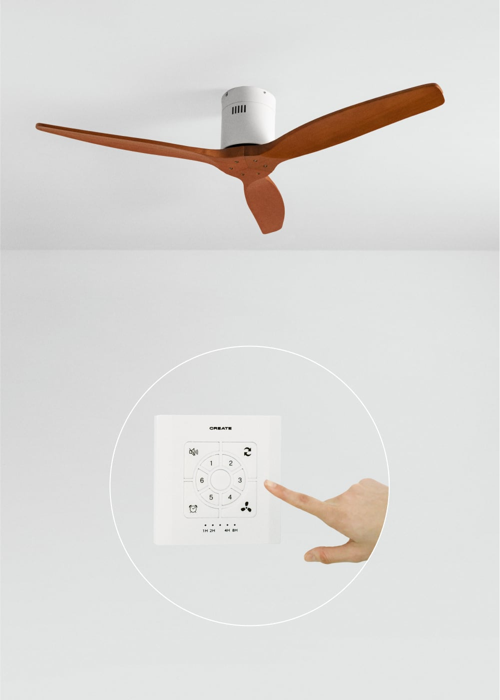 Un ventilador de techo con aspas de madera y un panel de control de pared operado por una mano.