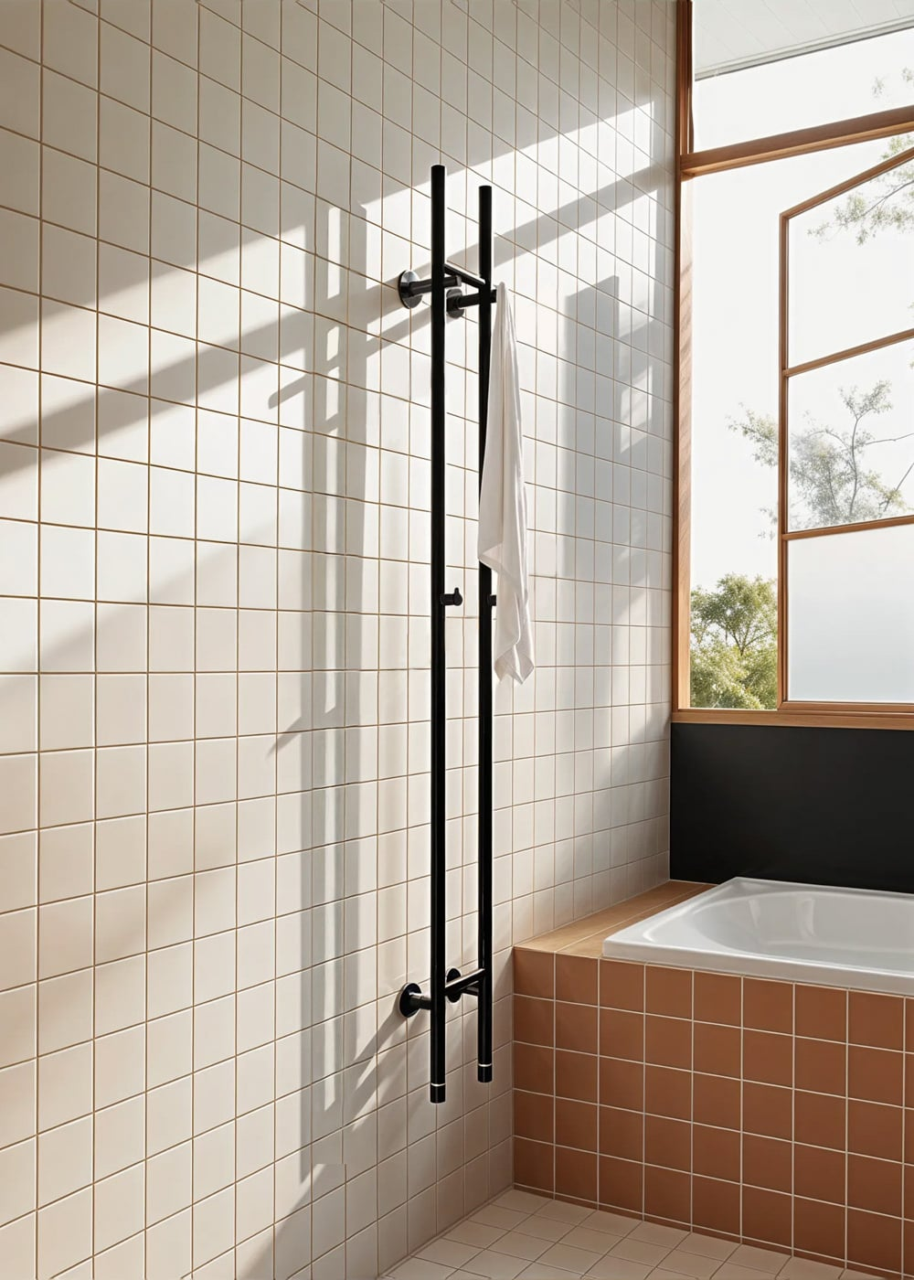 Un toallero negro con una toalla blanca en un baño con azulejos beige.