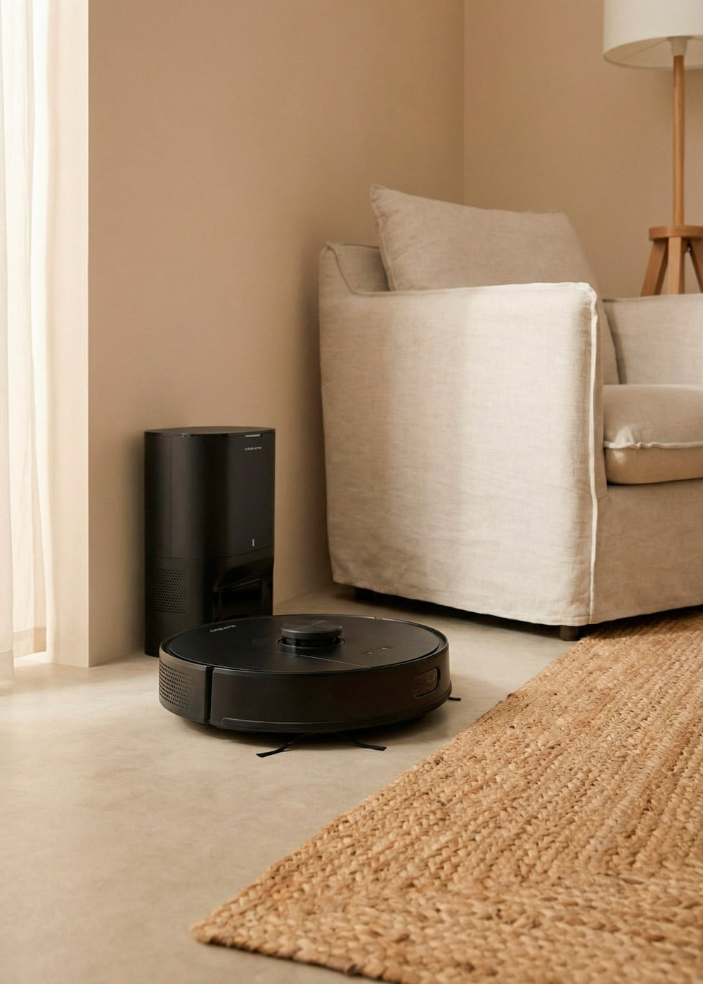 Un robot aspirador negro junto a una base de carga en una sala de estar.