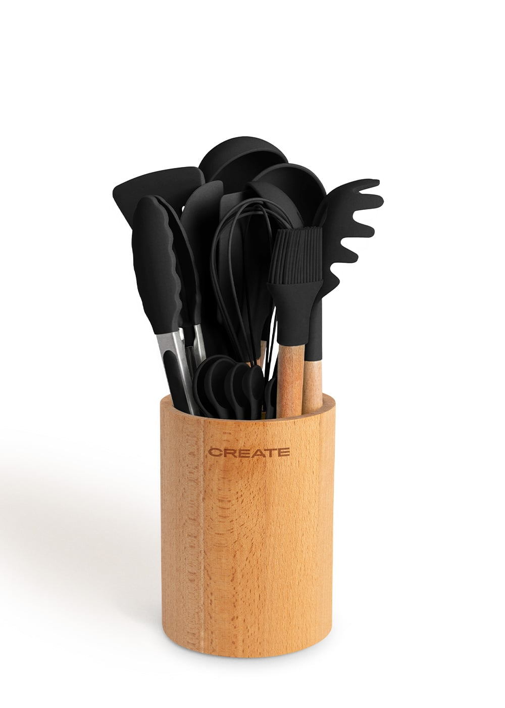 Utensilios de cocina negros en un soporte de madera con la palabra CREATE.