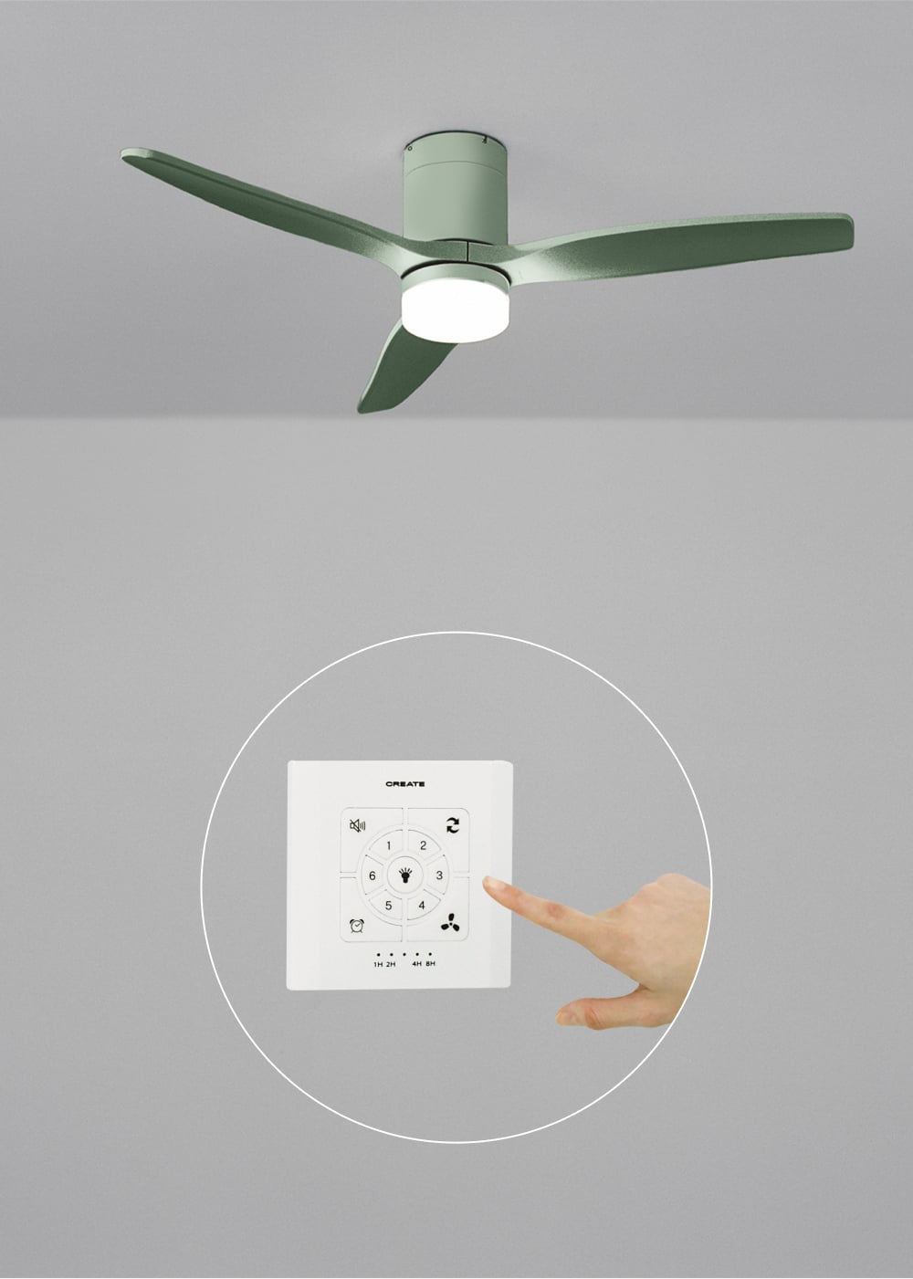 Una luz de ventilador de techo verde con mando a distancia operado por una mano.