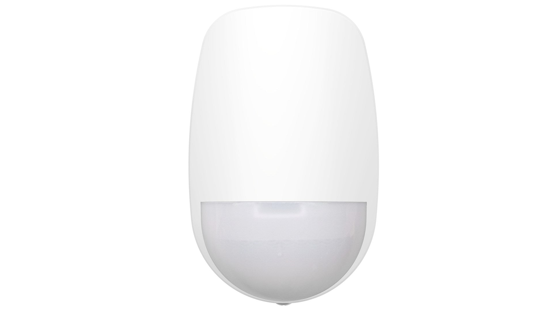 Un detector de movimiento blanco y ovalado con una sección inferior translúcida.