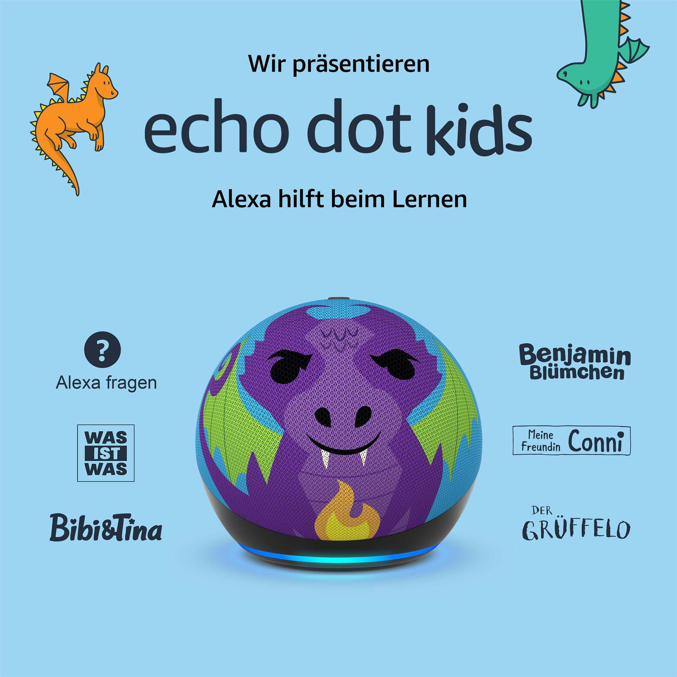 Un Echo Dot Kids morado con diseño de dragón, rodeado de ilustraciones de dragones y logos.