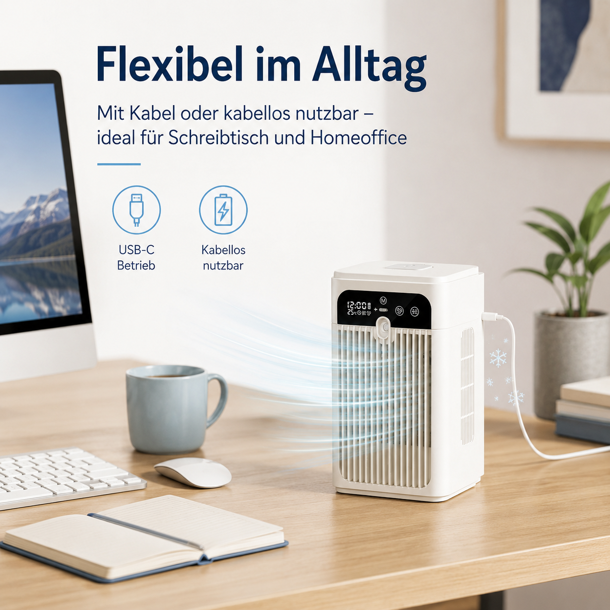 Weißer Luftreiniger auf einem Schreibtisch mit Laptop, Tasse, Tastatur, Maus und Notizbuch.