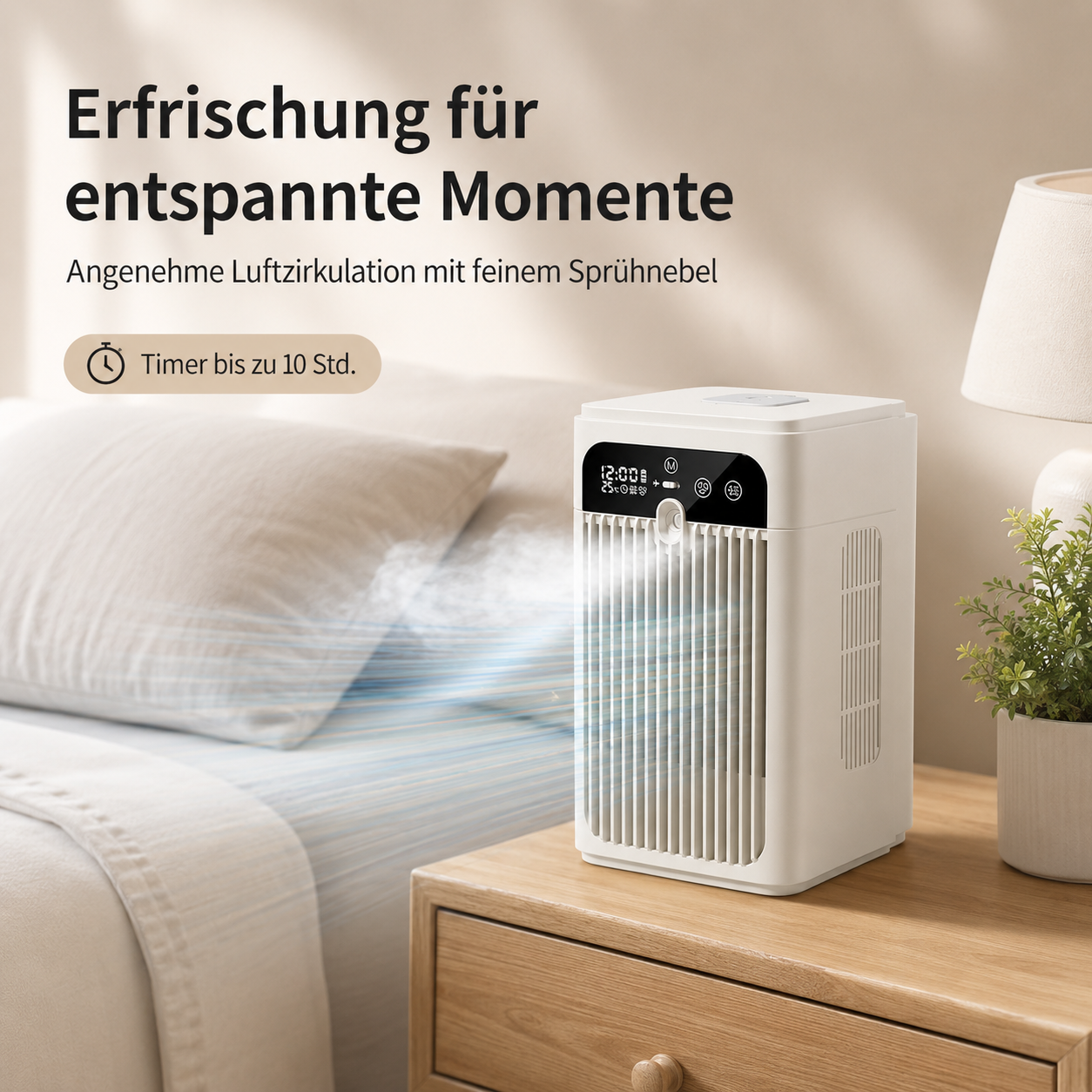 Ein weißer Luftreiniger mit Nebel sprüht auf einem Nachttisch.