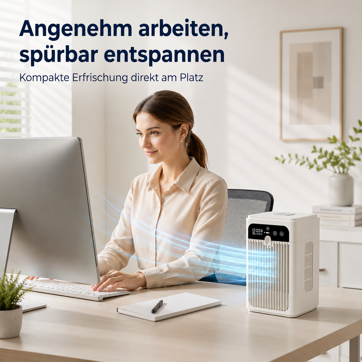 Frau arbeitet am Schreibtisch mit Computer und Luftreiniger, der blaues Licht ausstrahlt.