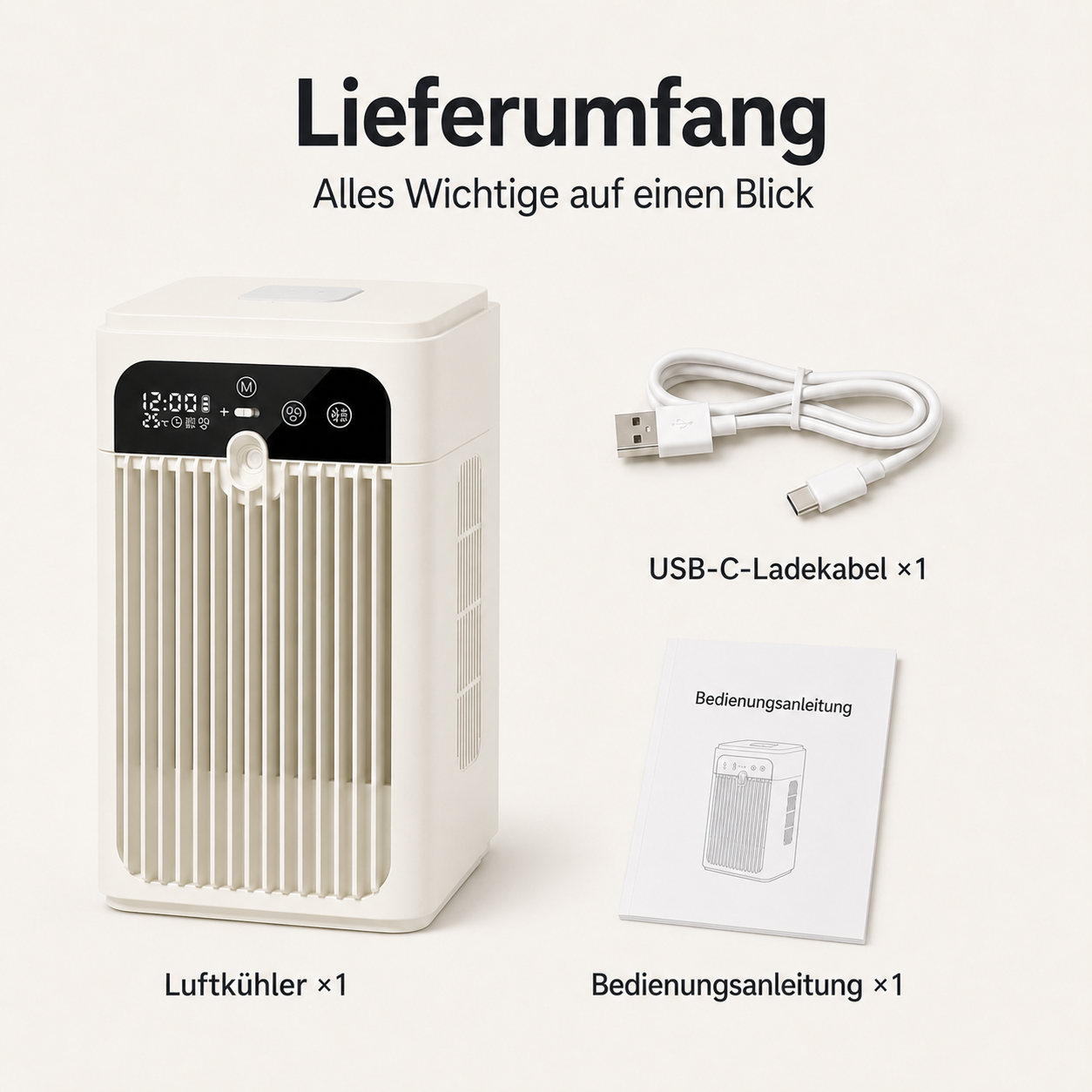 Ein weißer Luftkühler, USB-C-Kabel und Bedienungsanleitung auf hellem Grund.