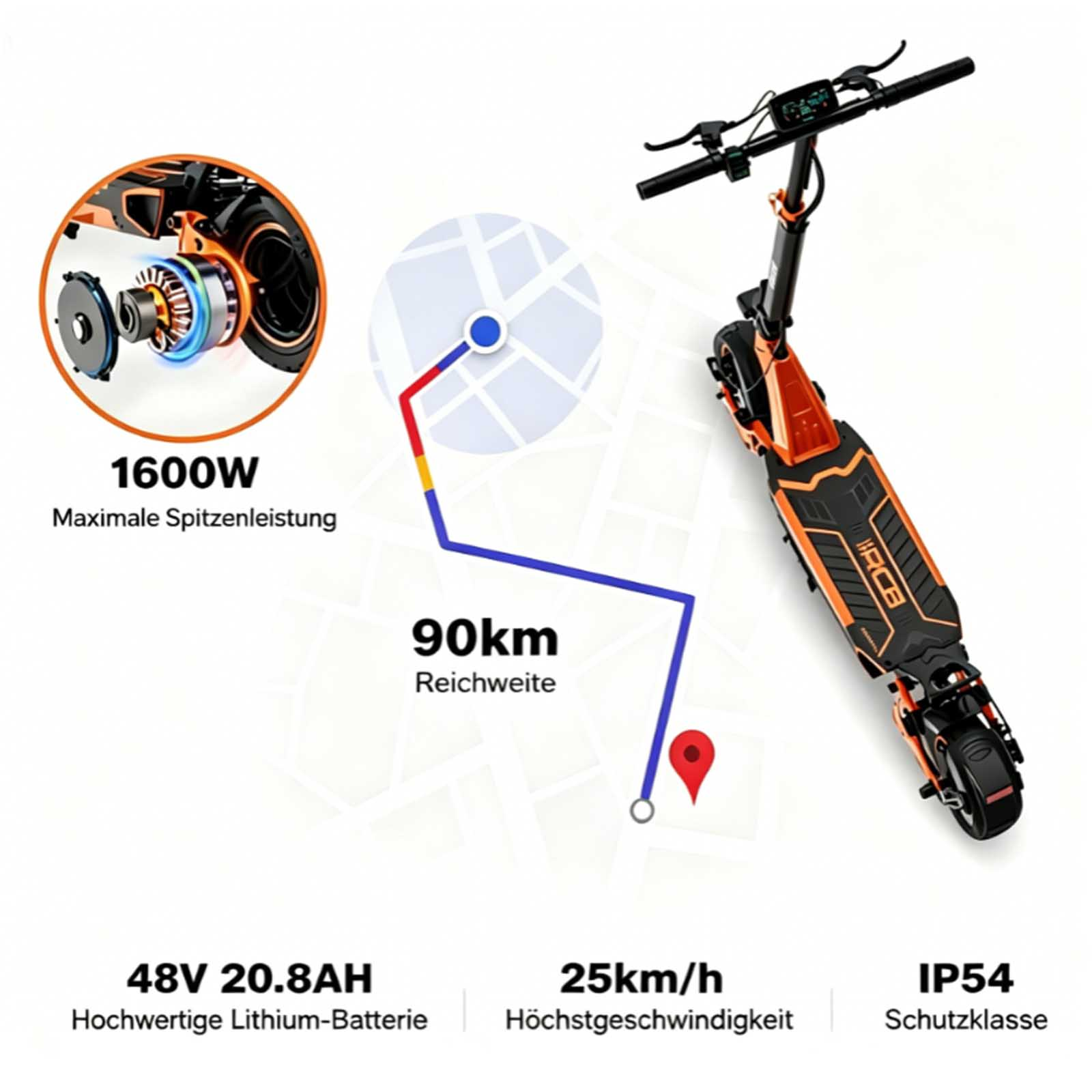 Ein orange-schwarzer Elektroroller mit Spezifikationen: 1600W, 90km Reichweite, 48V Batterie.