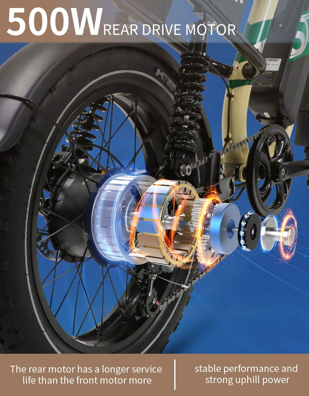 Primo piano del motore posteriore da 500W di una e-bike con ingranaggi e bobine.