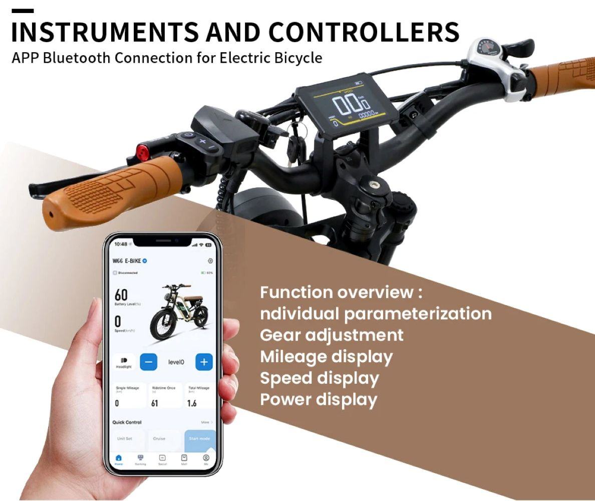 Manubrio bici elettrica con display e app telefono che mostra batteria, velocità e chilometraggio.