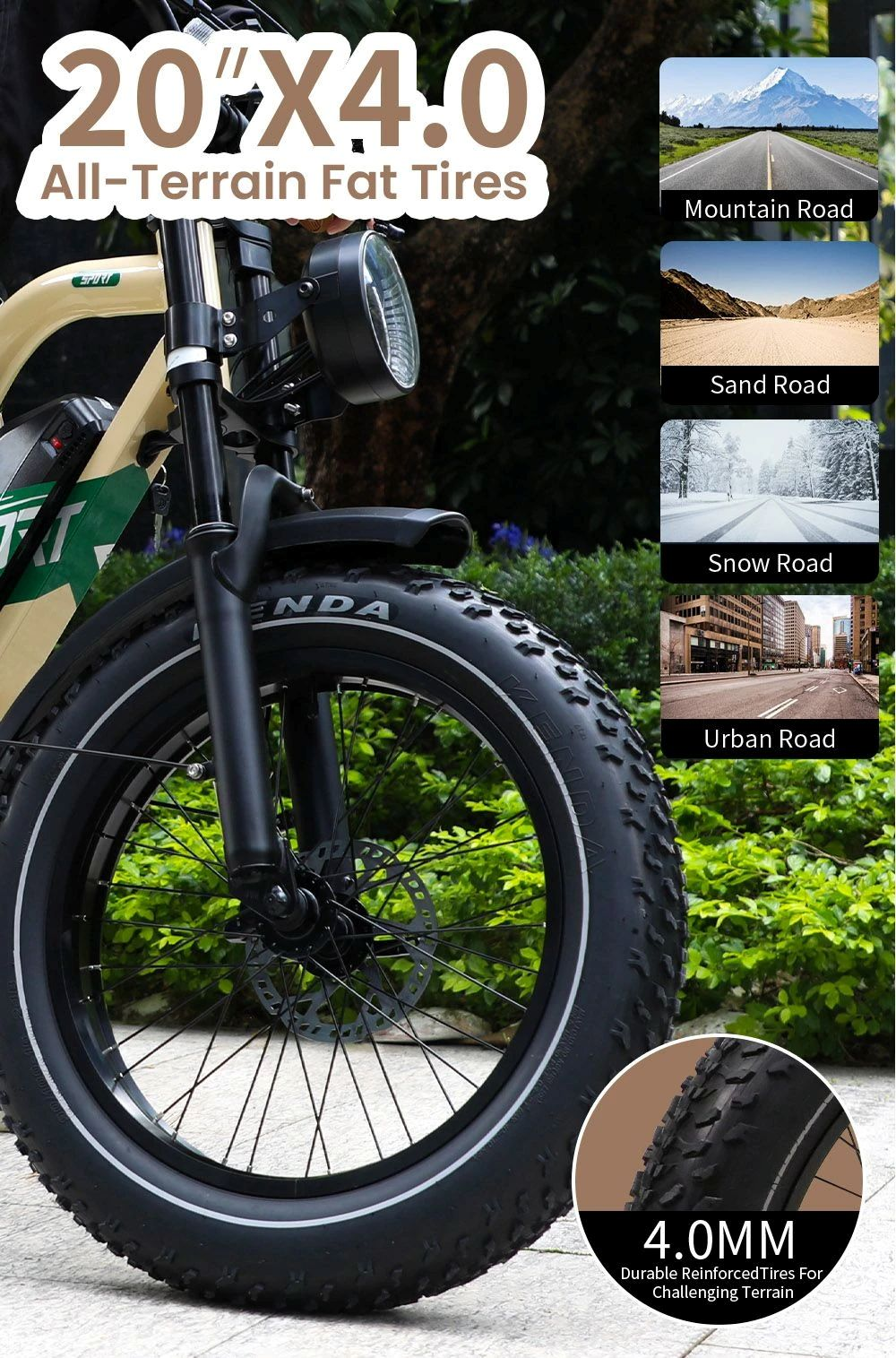 Una e-bike con pneumatici grassi, il testo menziona pneumatici da 20"x4.0" per tutti i terreni.