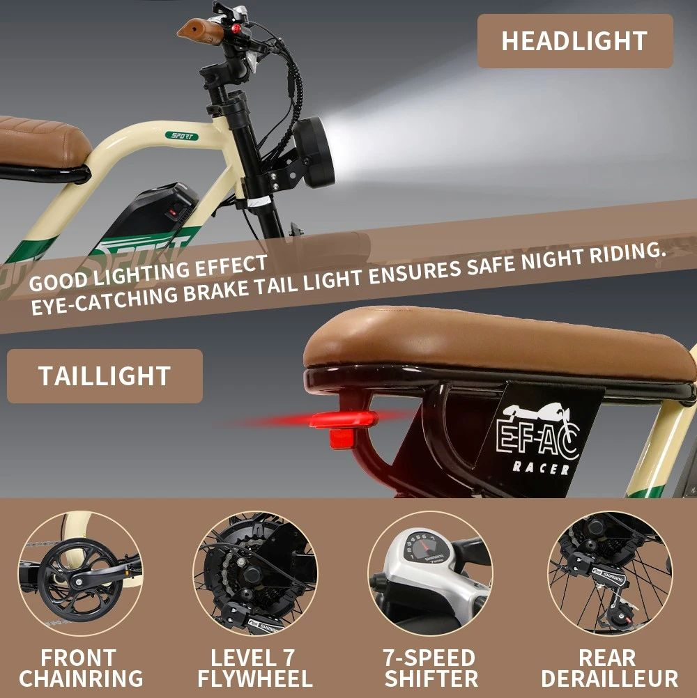 Una e-bike con faro, fanale posteriore, corona, volano, cambio e deragliatore.