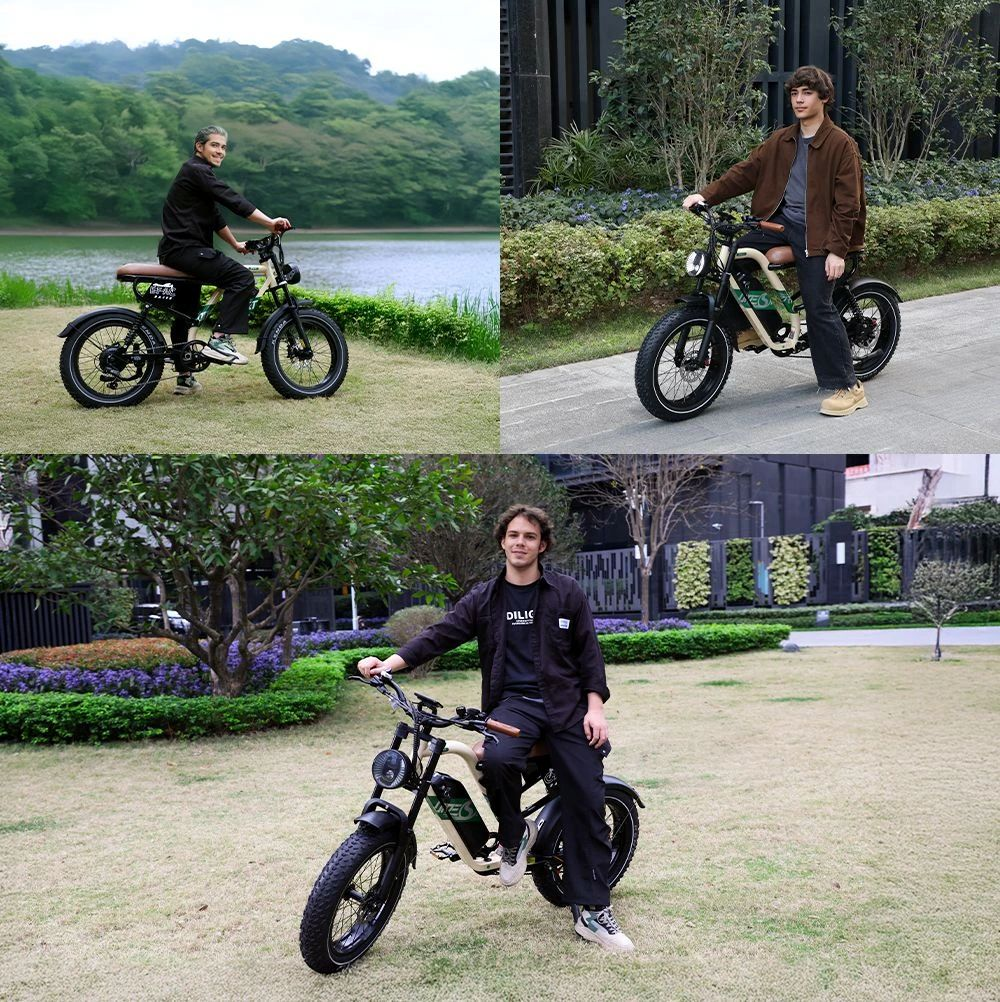 Uomo in nero guida e-bike al lago; Uomo giacca marrone su e-bike; Uomo su e-bike in parco.