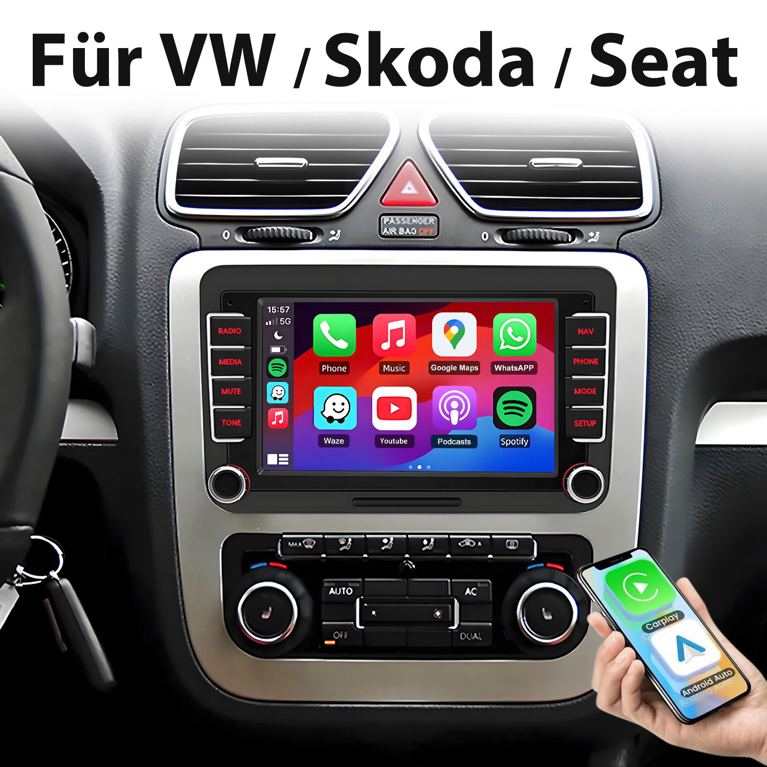 Auto-Infotainmentsystem mit Smartphone-Integration für VW, Skoda, Seat.