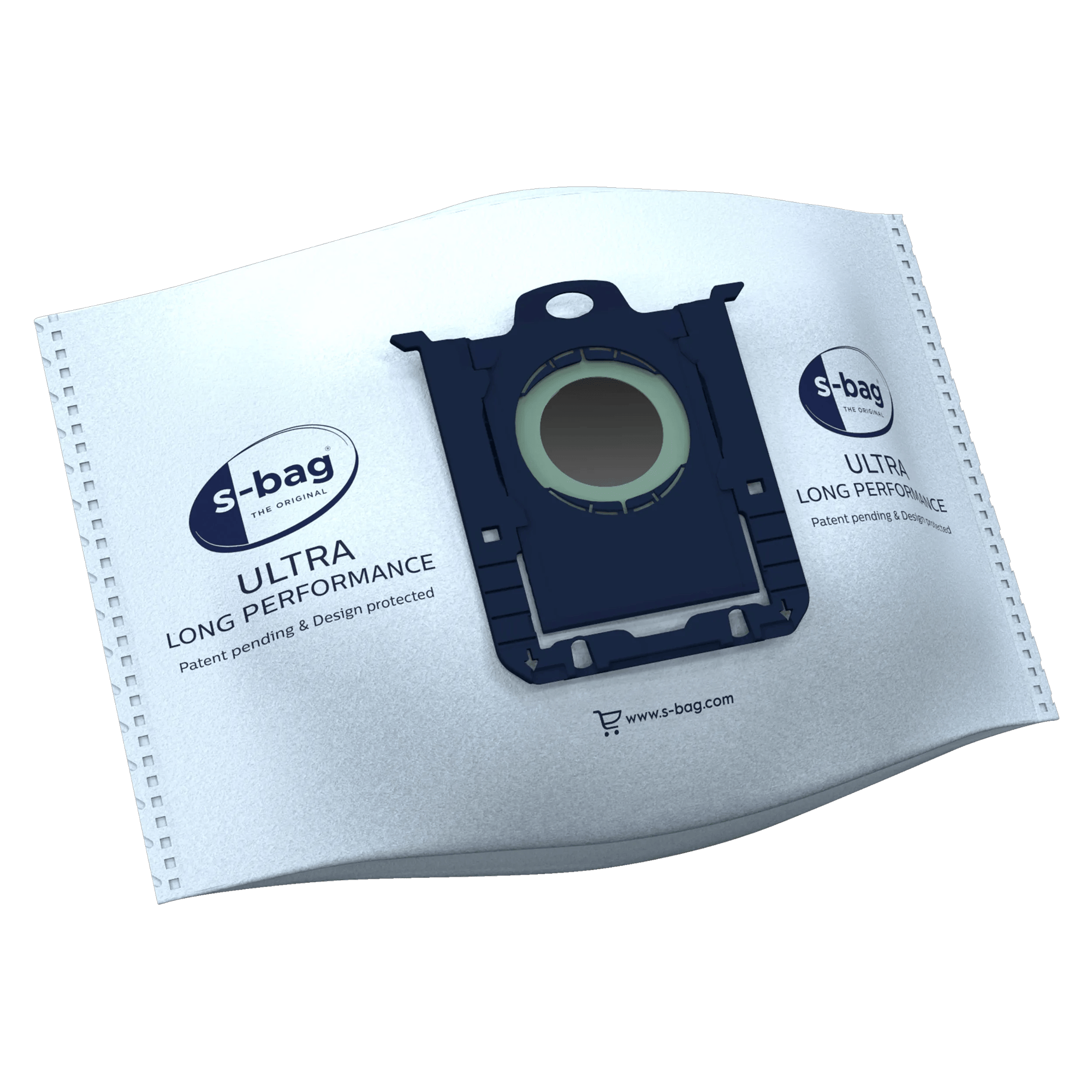 Ein blauer Staubsaugerbeutel mit dem Logo "s-bag" und "ULTRA LONG PERFORMANCE".