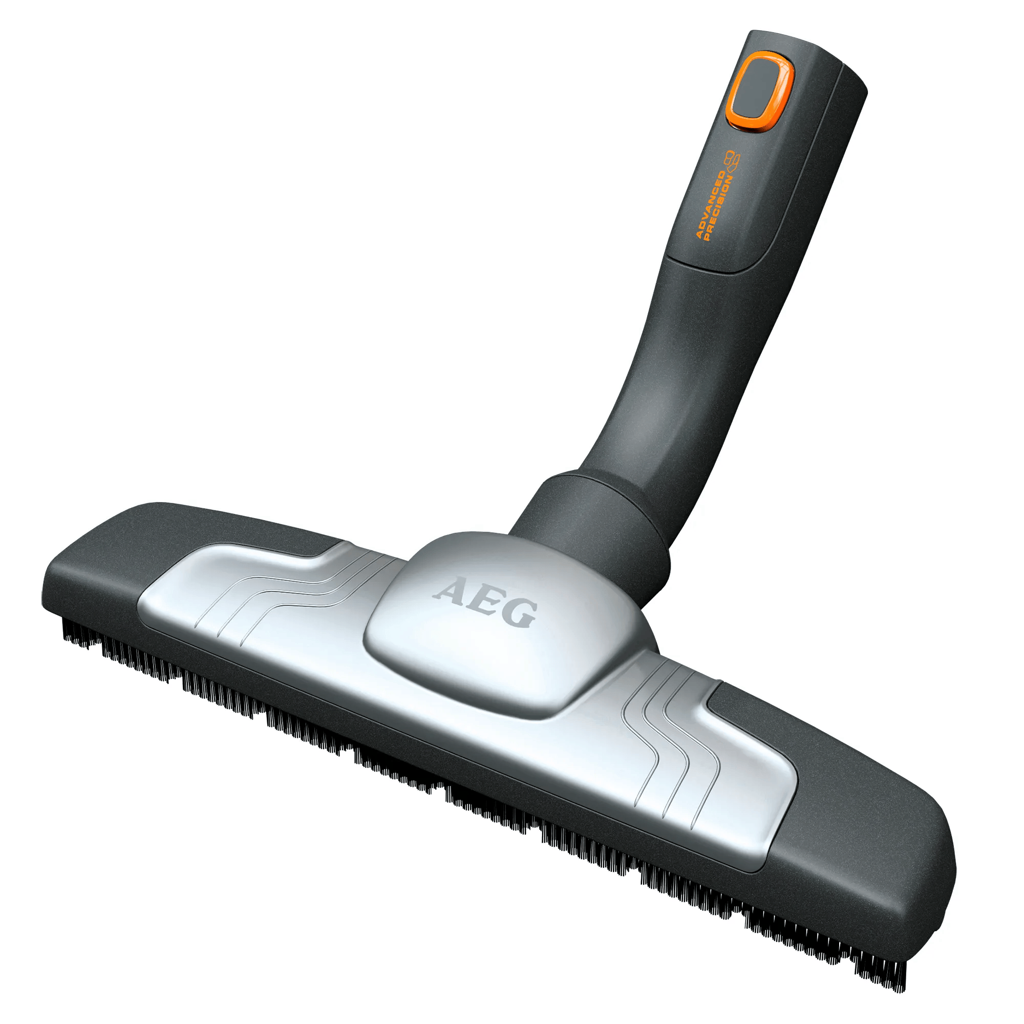 Grauer und silberner Staubsaugeraufsatz mit Bürsten und orangenem Knopf.