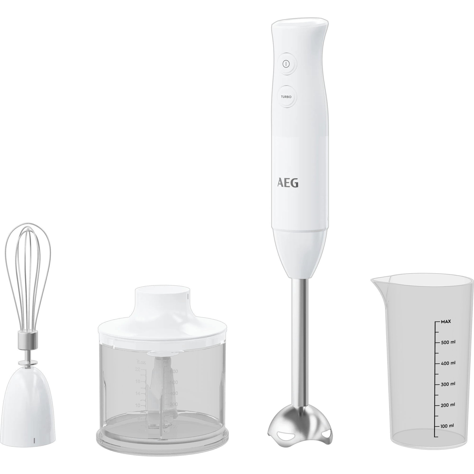 Ein weißer Stabmixer mit Quirl, Behälter und Messbecher.