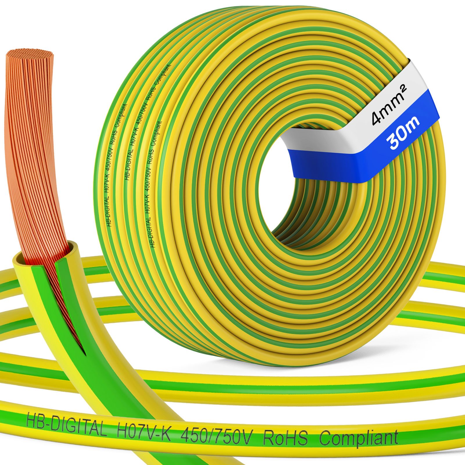 Ein aufgerollter gelb-grüner Kabelstrang mit 4mm² und 30m Längenangabe.